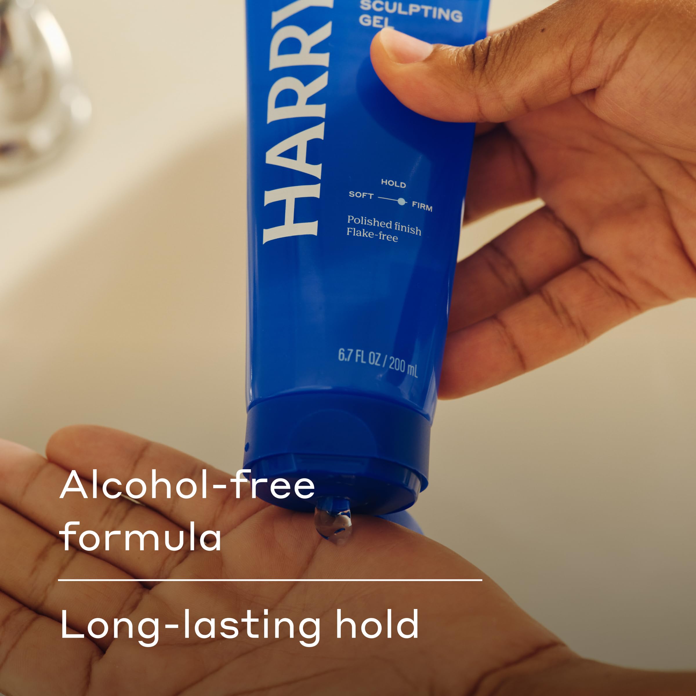 Harry's Hair Gel application on hands shows easy, even distribution.