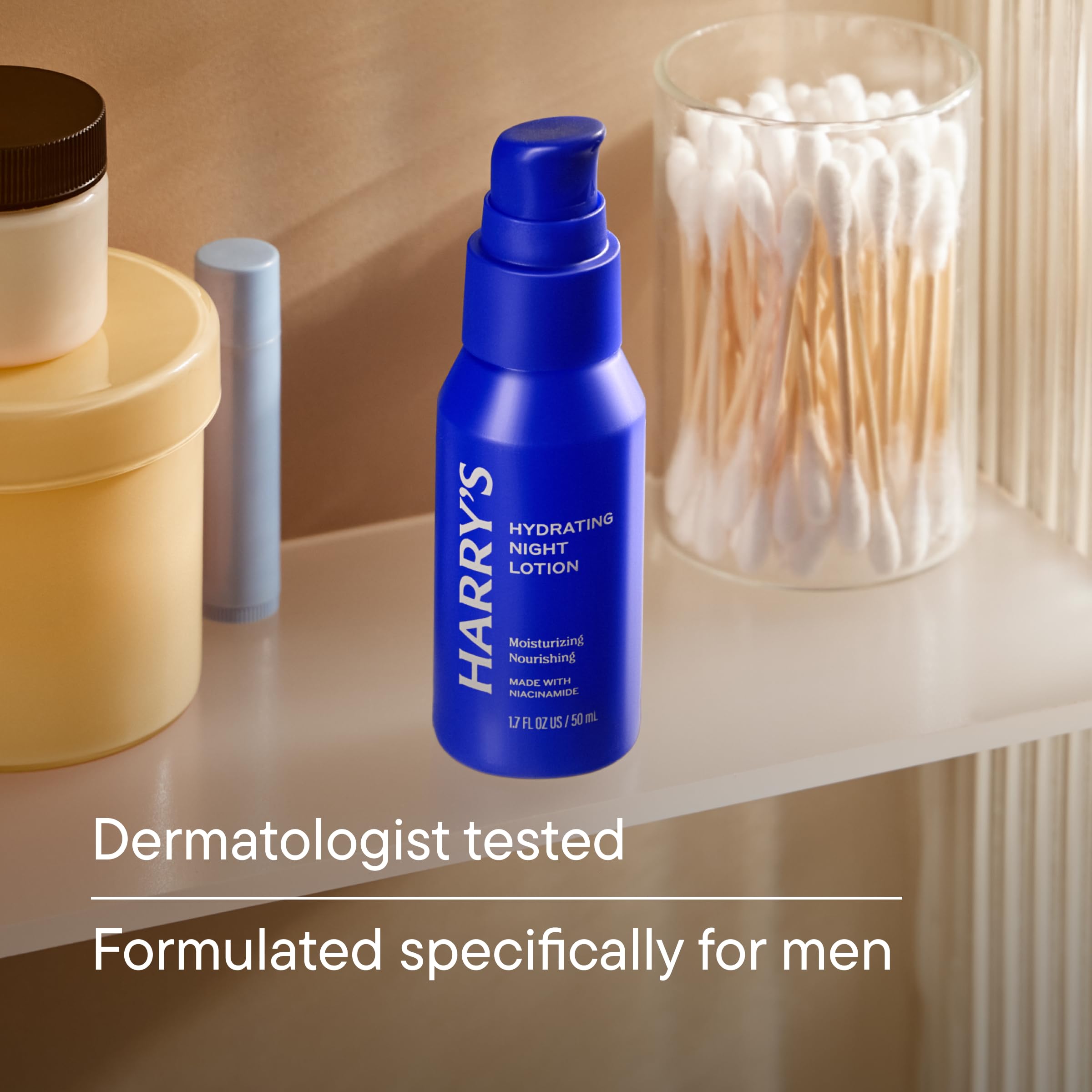 Harry's Hydrating Night Lotion pump application demonstrates easy nightly use.