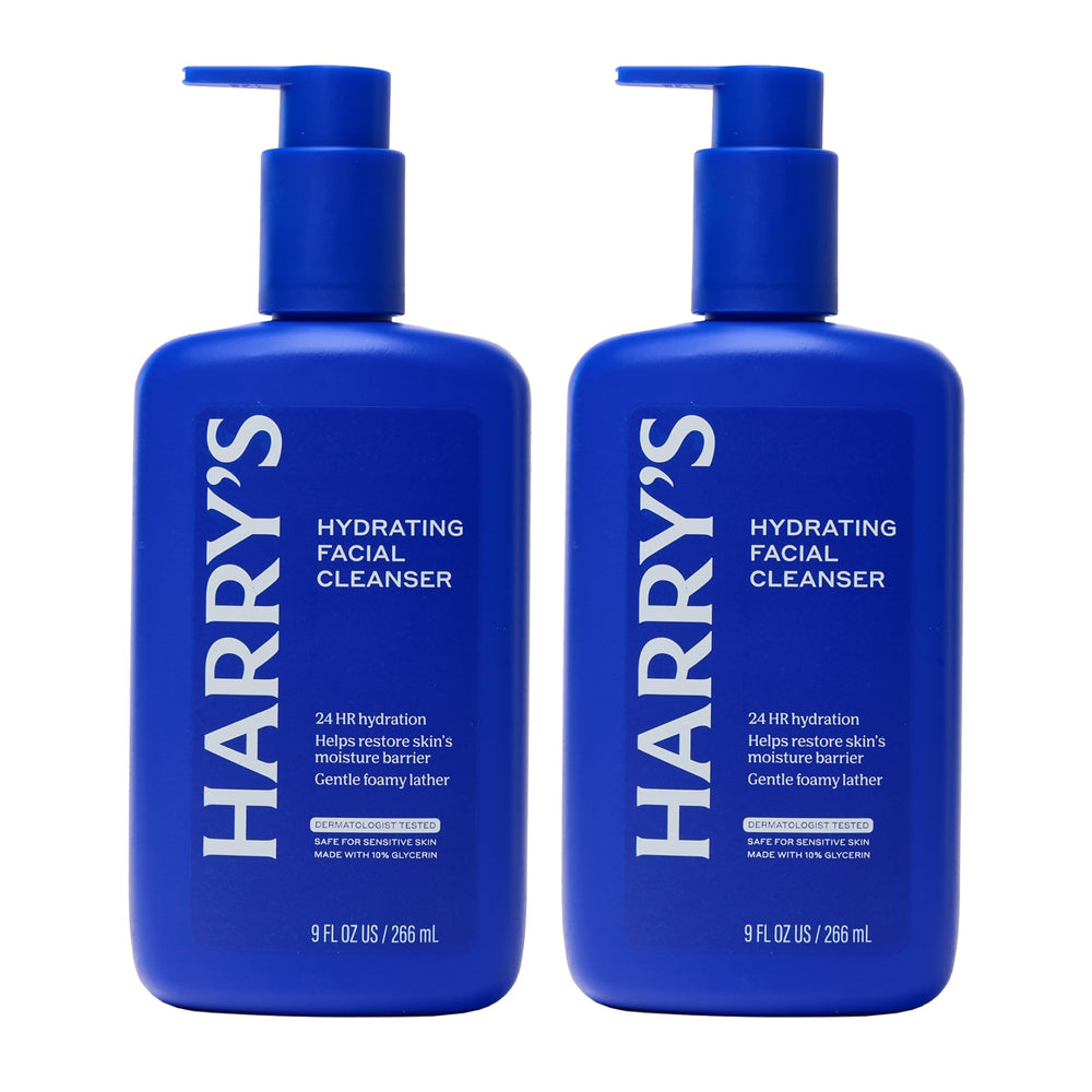 Harry's limpiador facial hidratante, botella vista superior; ayuda a limpiar sin resecar la piel.