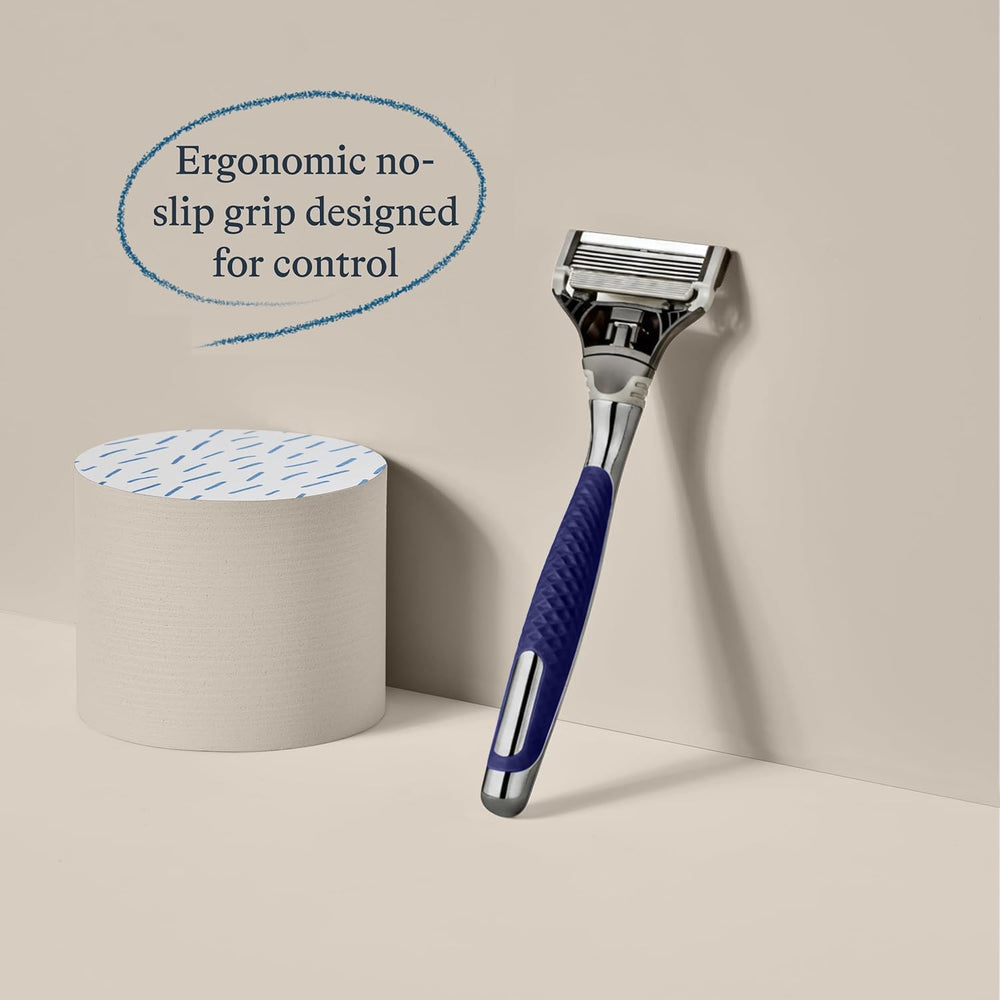 Harry's lubricating strip offers a smooth glide across facial curves.