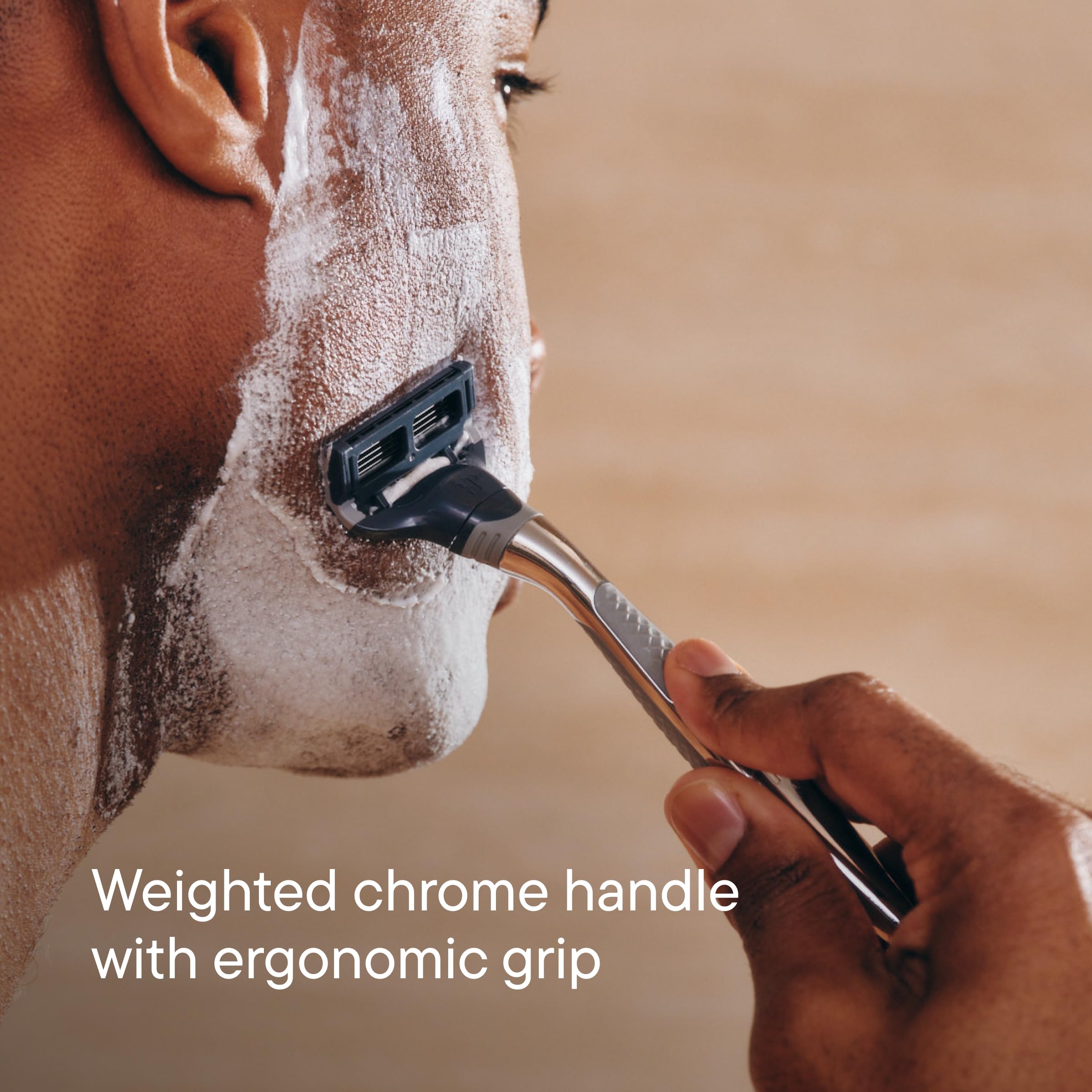 Harry's ergonomic rubberized grip enhances precision and control during shaving
