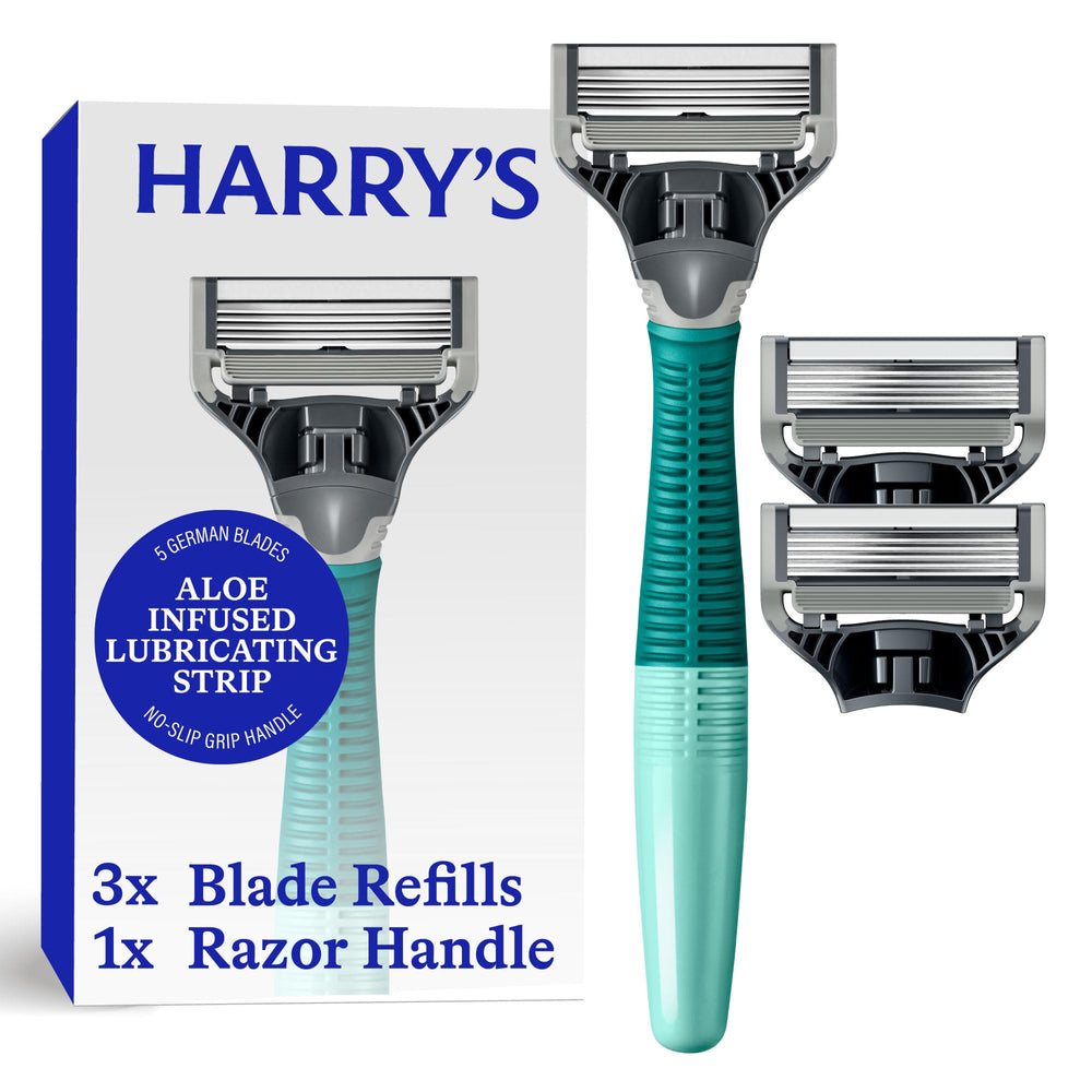 Harry's Original Shaving Kit razor handle with textured grip for precise control.