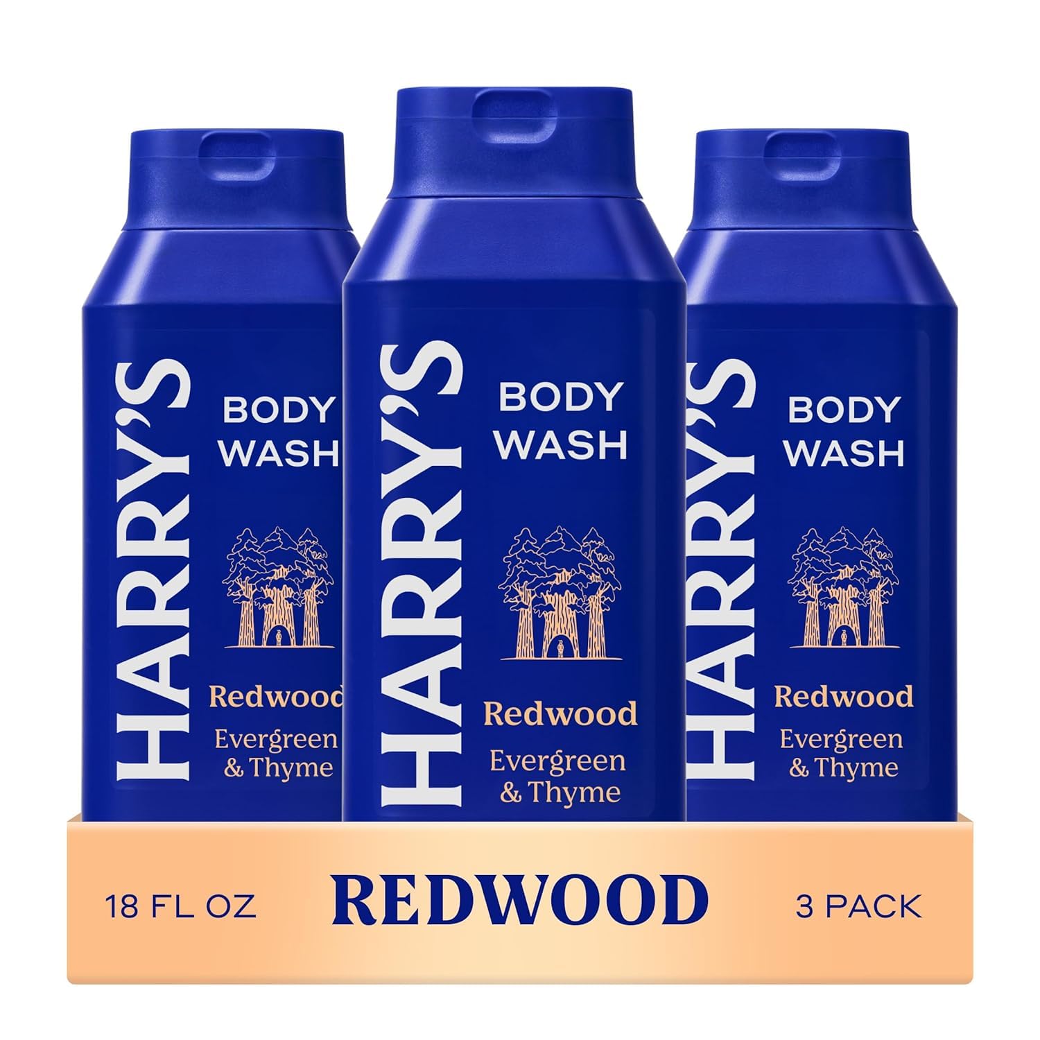 Harry's Redwood gel de ducha en botella, aroma vigorizante para piel limpia.