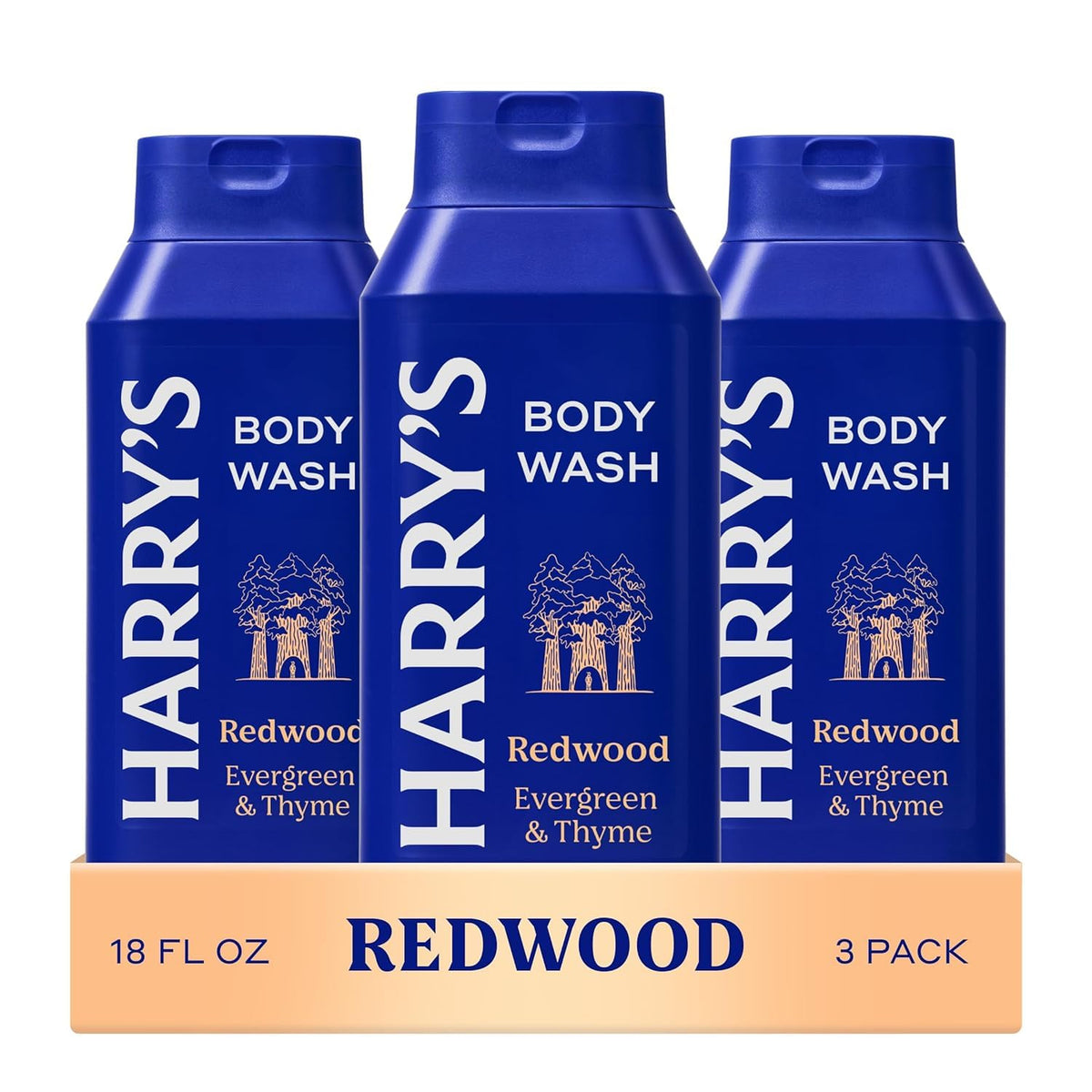 Harry's Redwood gel de ducha en botella, aroma vigorizante para piel limpia.