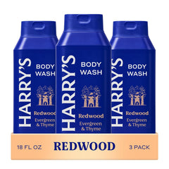 Harry's Redwood gel de ducha en botella, aroma vigorizante para piel limpia.