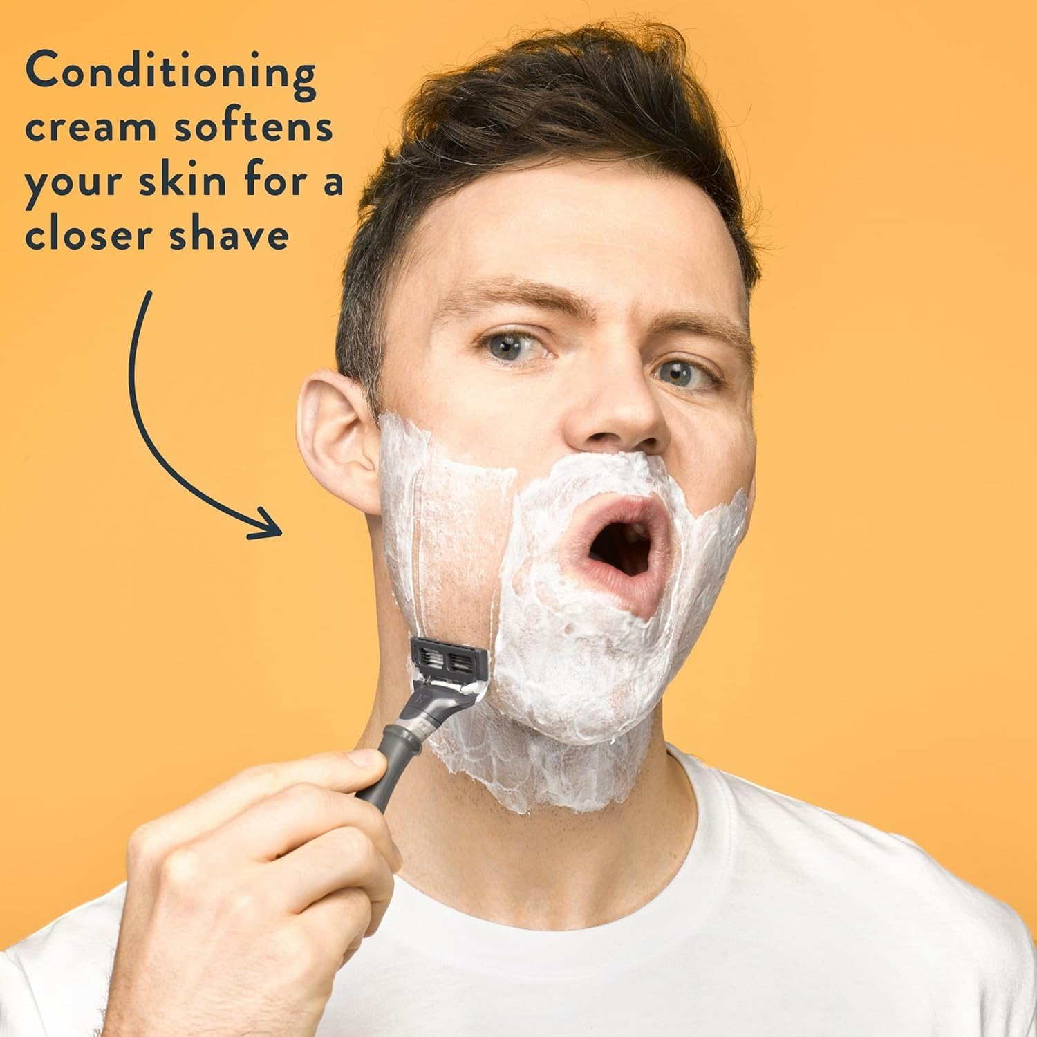 Harry's Shaving Cream Eucalyptus 2-pack hands-lather demonstrates rich lather for lifting beard hairs.