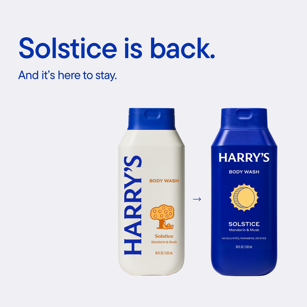 Harry's Solstice bottle held for a soothing, skin-softening routine.