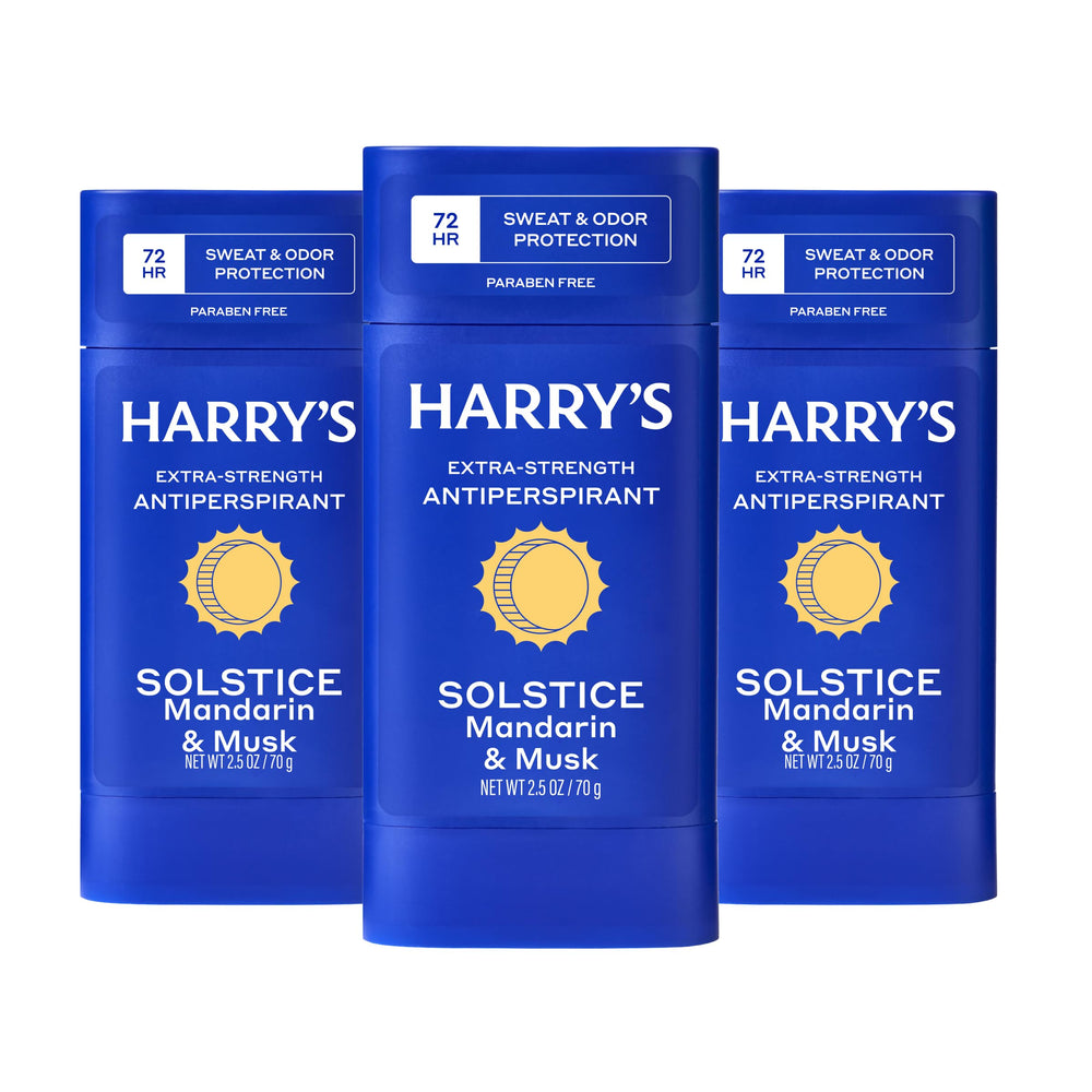 Harry's Solstice desodorante 3-pack en frontal muestra protección duradera.