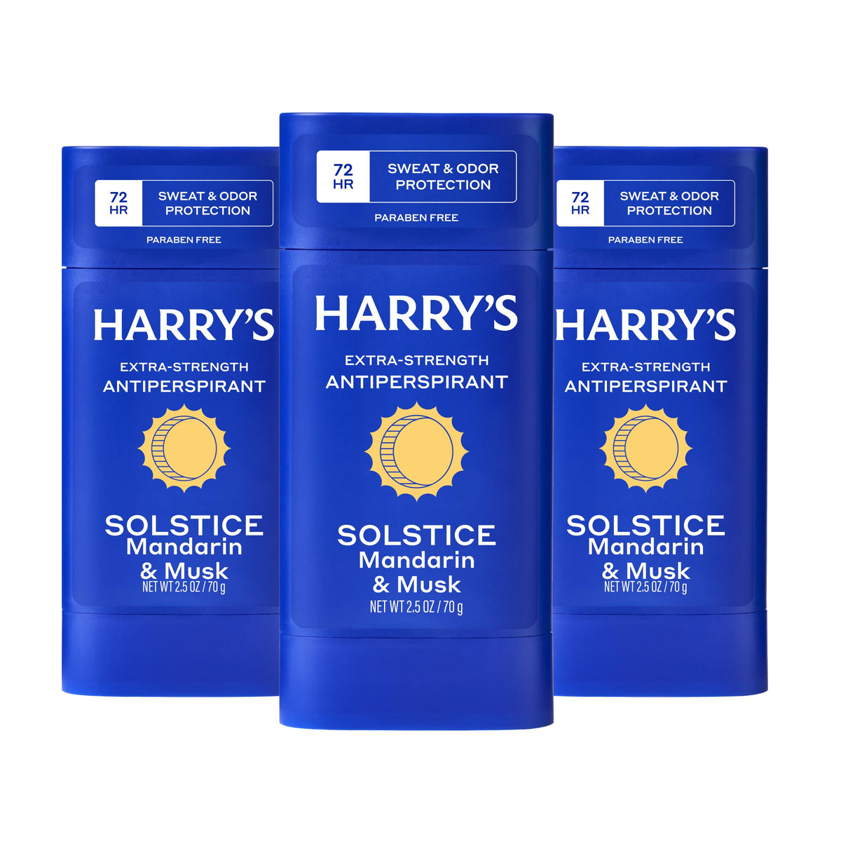 Harry's Solstice desodorante 3-pack en frontal muestra protección duradera.