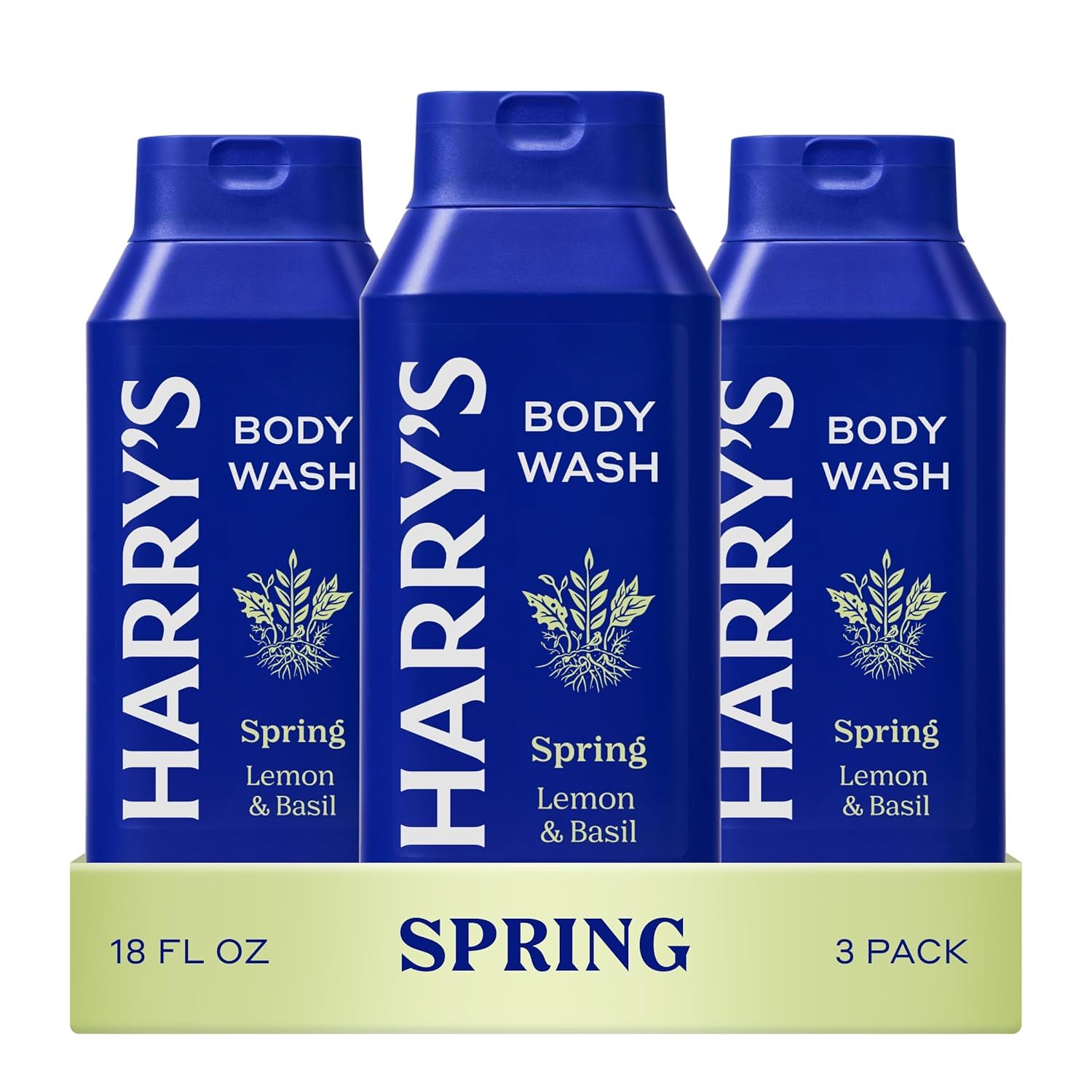 Harry's Spring Body Wash 3-pack bottle-front highlights refreshing lemon-basil scent for daily use.