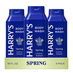 Harry's Spring Body Wash 3-pack bottle-front highlights refreshing lemon-basil scent for daily use.