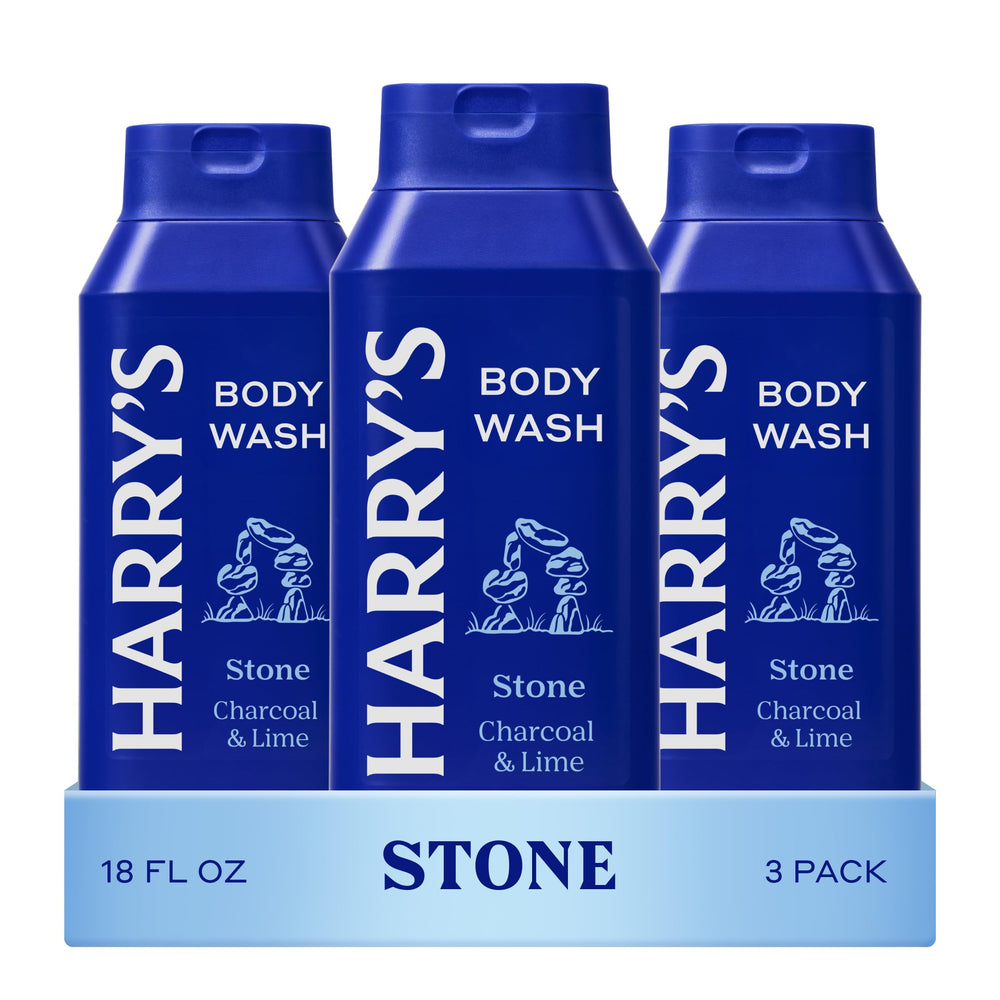 Harry's Stone body wash bottle pour showing energizing morning shower benefits