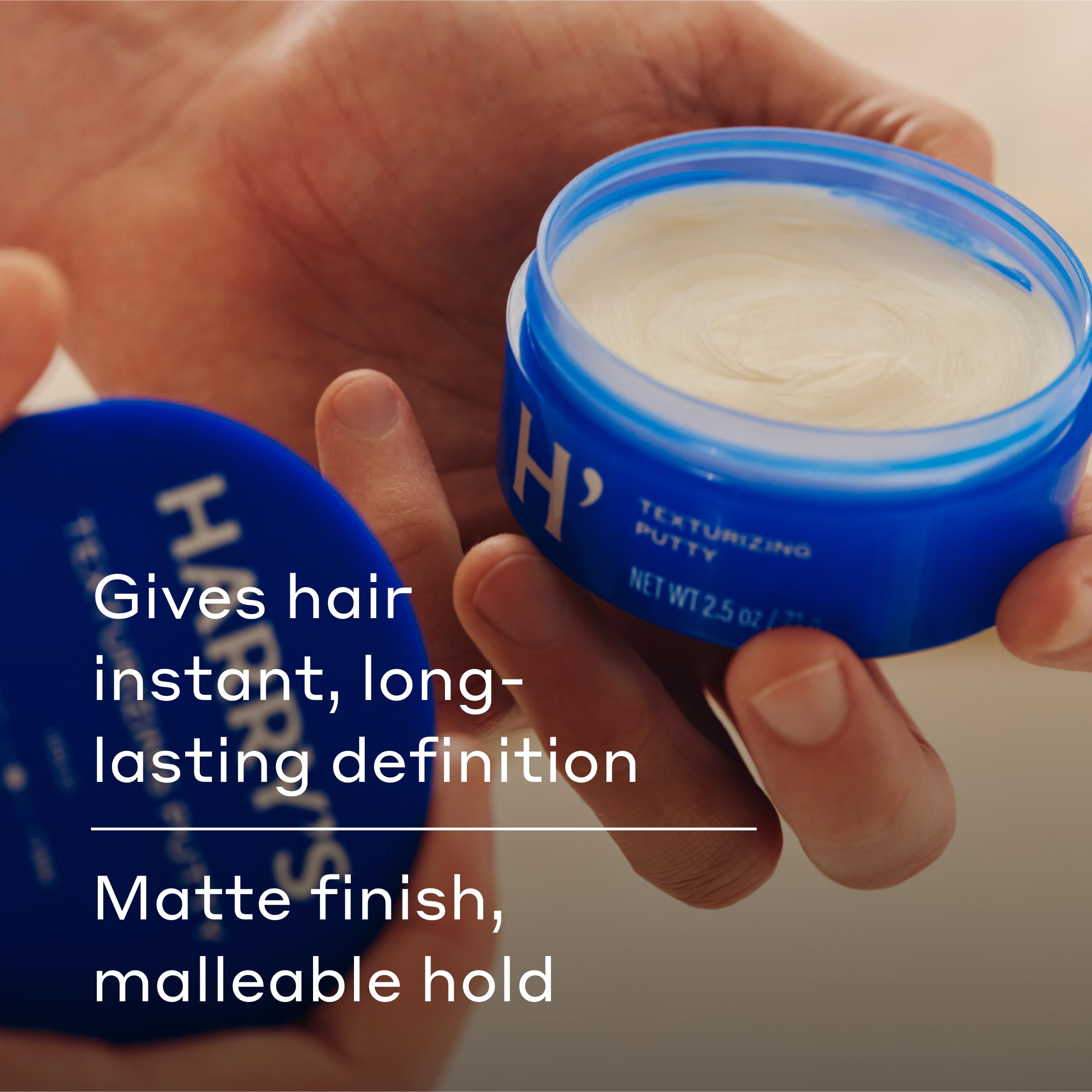 Harry's Texturizing Putty on towel-dried hair for easy shaping and texture.