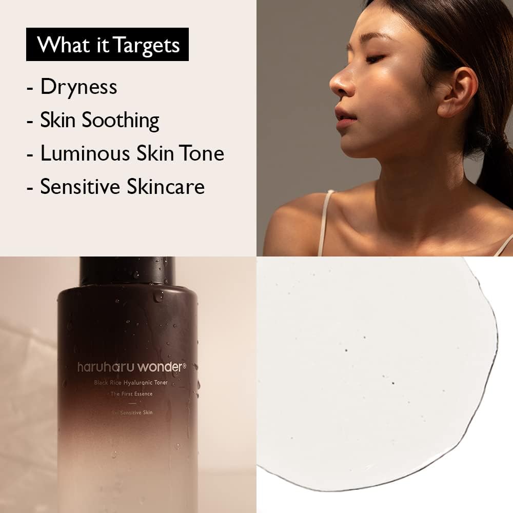 HARUHARU Wonder Black Rice Hyaluronic Toner application scene showing light, soothing layer.