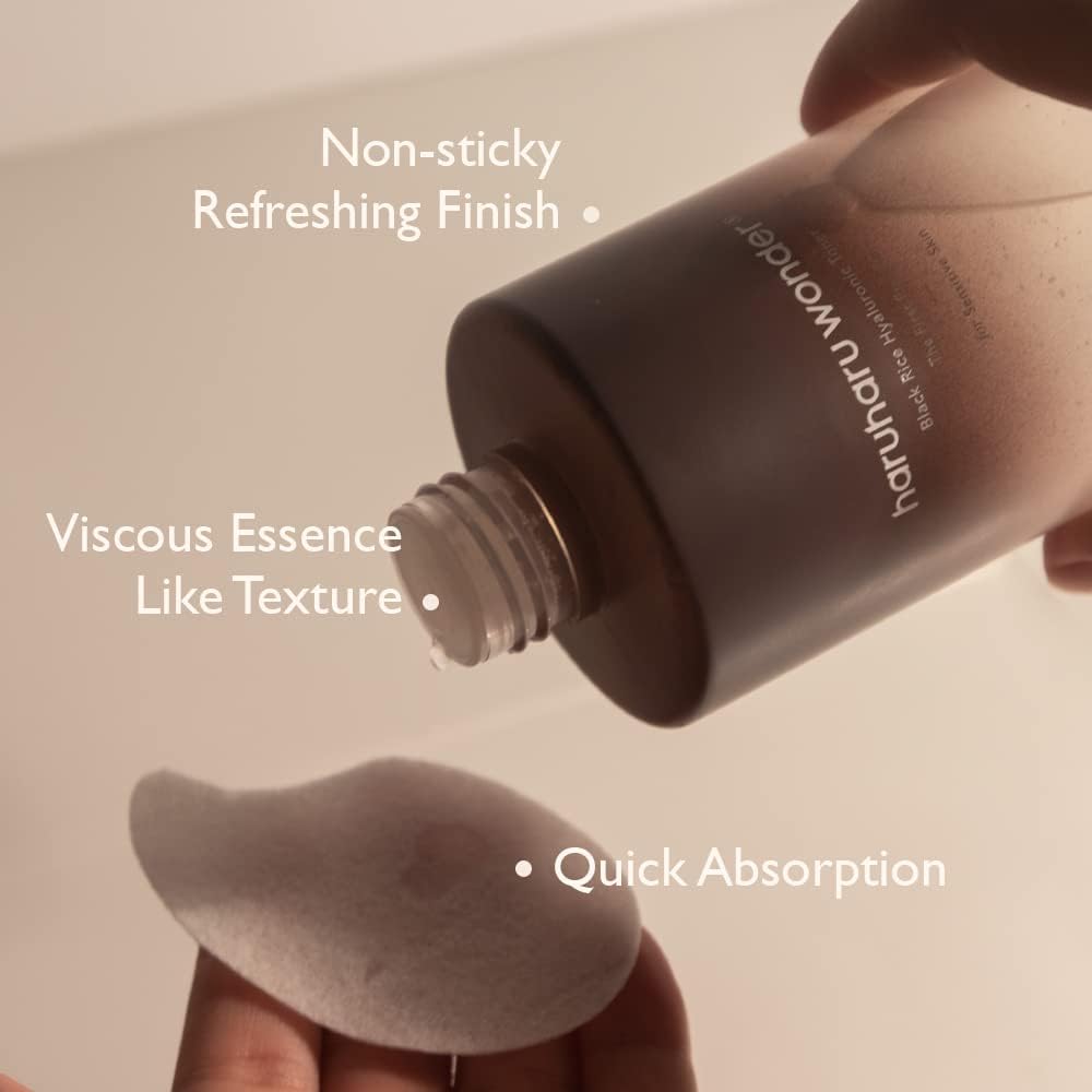 HARUHARU Wonder Black Rice Hyaluronic Toner dispensing scene for gentle skin prep.