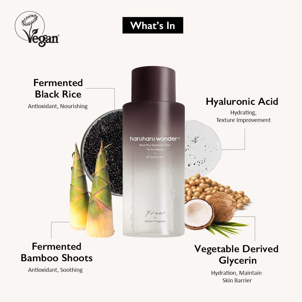 HARUHARU Wonder Black Rice Hyaluronic Toner glass bottle on the vanity with premium feel.