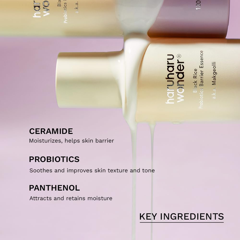 HARUHARU Wonder Black Rice Probiotics Essence with ceramides panthenol supports moisture barrier.