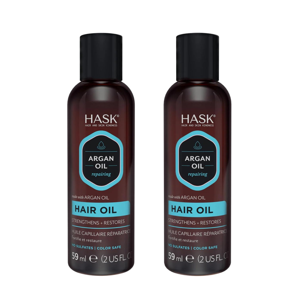 Aplicación en cabello seco con aceite reparador de argán HASK para brillo.