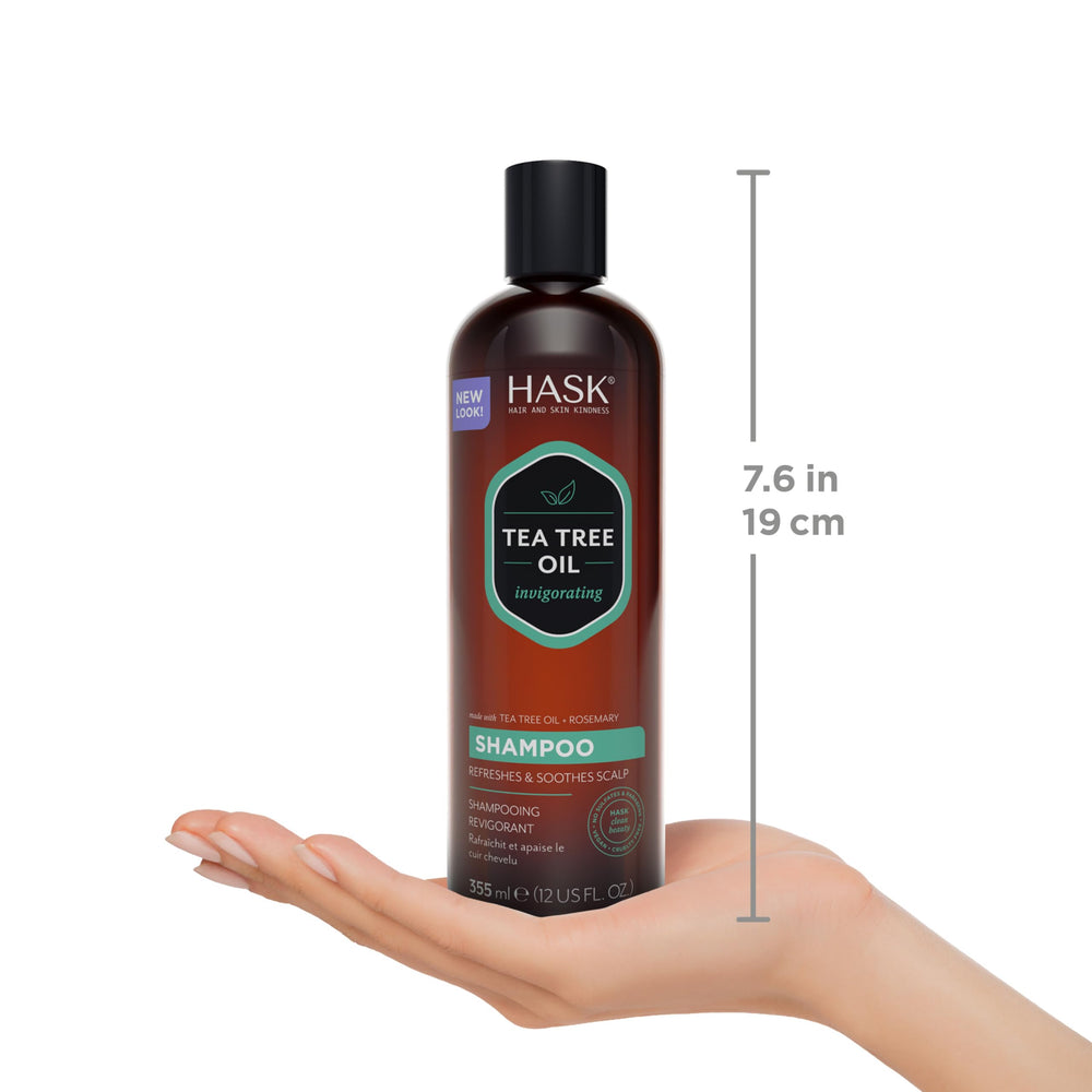 HASK acondicionador en mano, cabello nutrido y brillante.