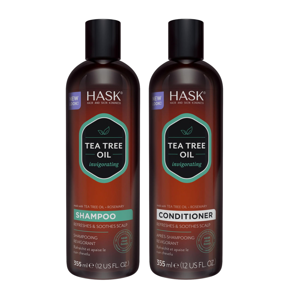 HASK champú de árbol de té y romero en botella, aroma vigorizante para el cabello.