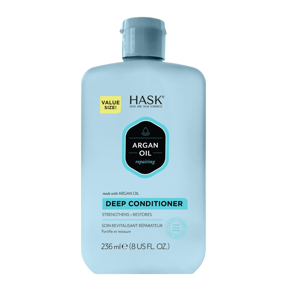 HASK acondicionador de argán reparación, botella visible, cabello suave