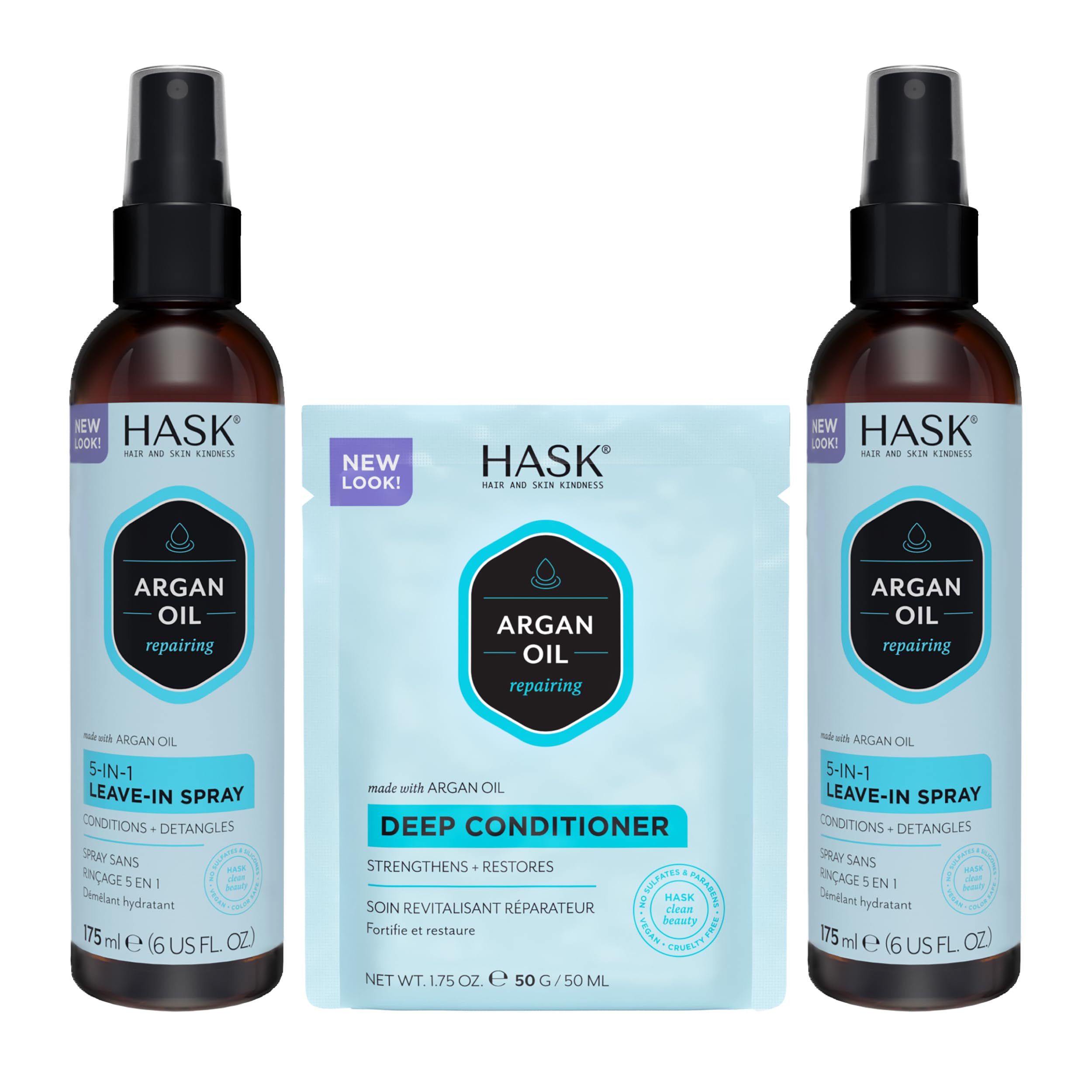 HASK Argan Oil 5-in-1 Leave-In Spray bottle on counter for detangling and shine.