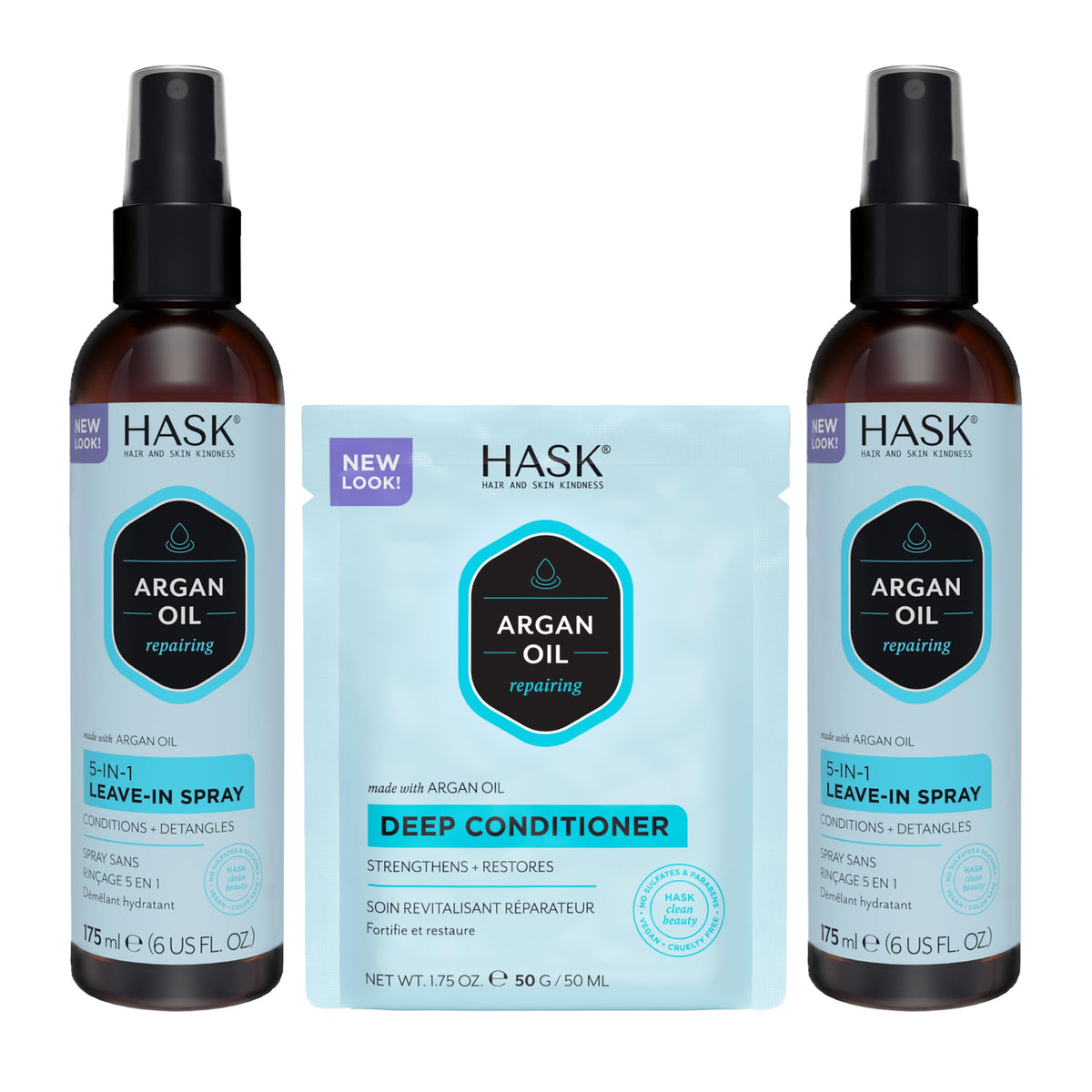 HASK Argan Oil 5-in-1 Leave-In Spray bottle on counter for detangling and shine.
