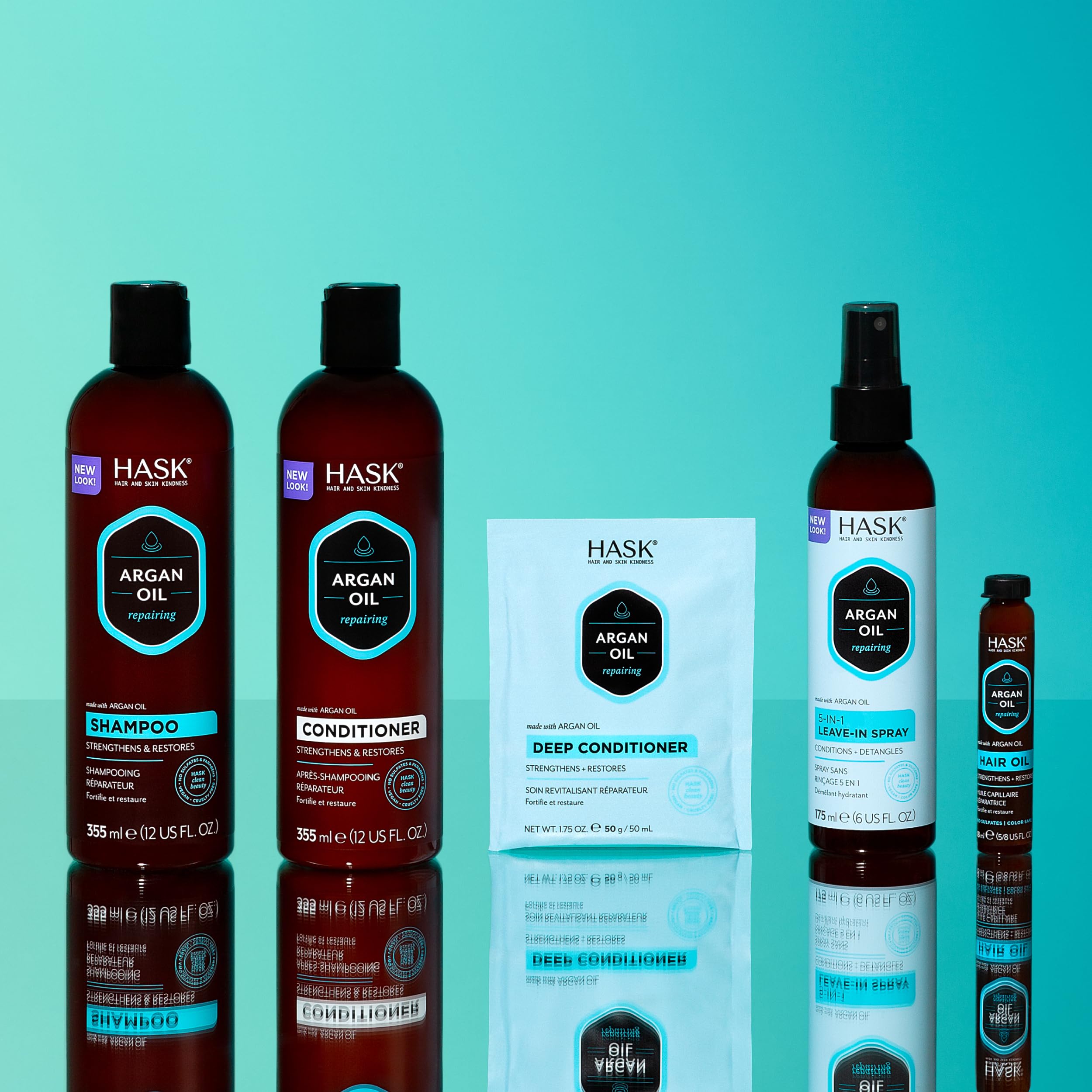 HASK Argan Oil kit display with products and packaging.