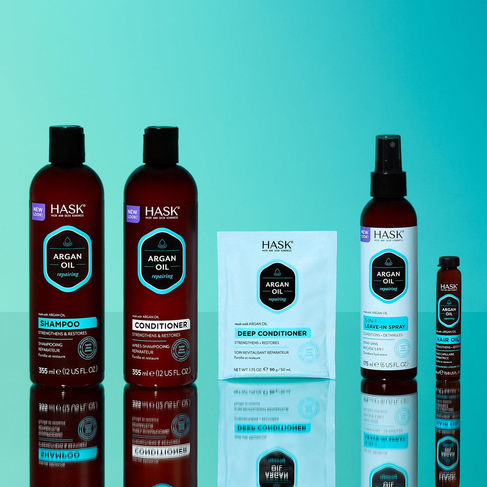 HASK Argan Oil kit display with products and packaging.