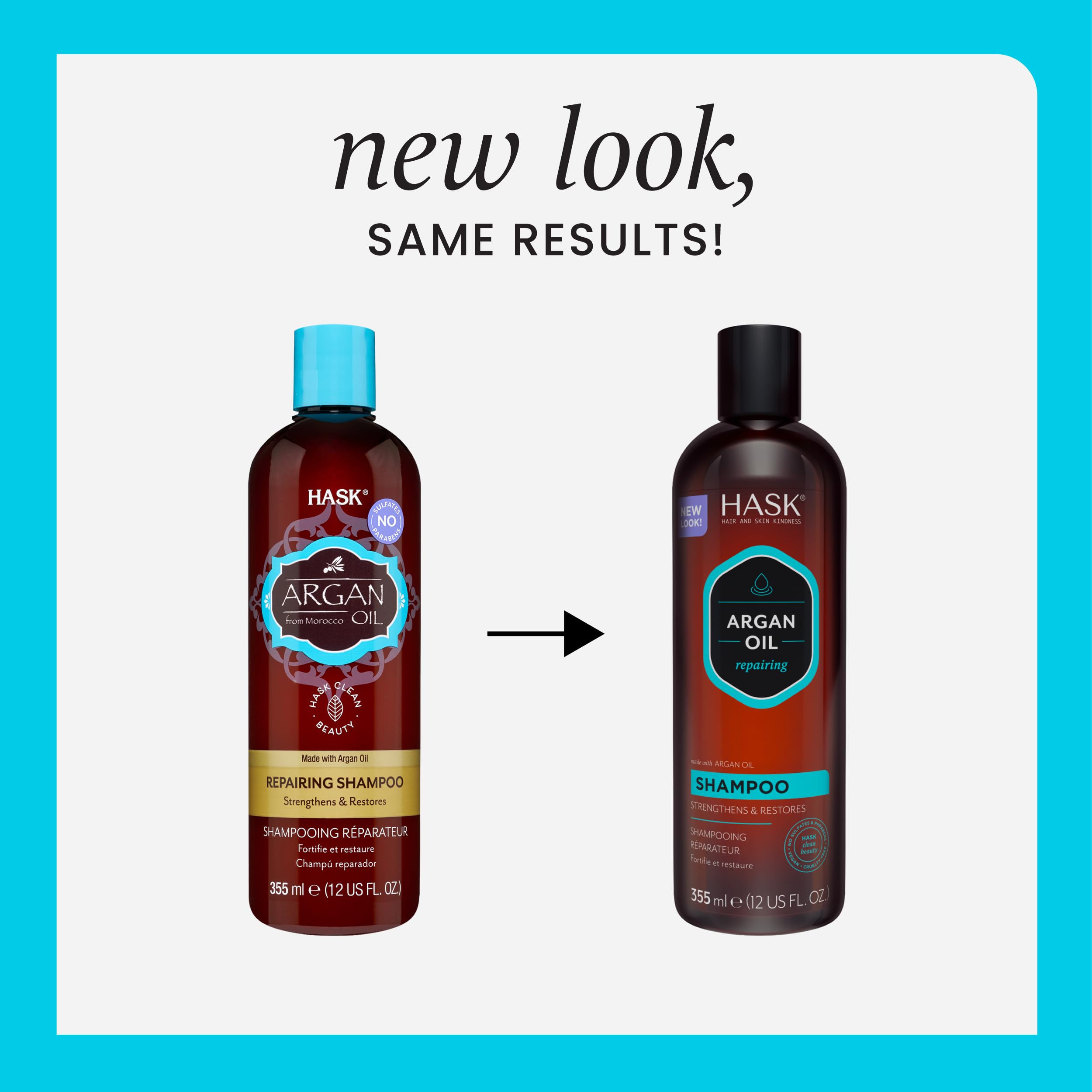 HASK acondicionador reparador de aceite de argán, botella, cabello suave y brillo.