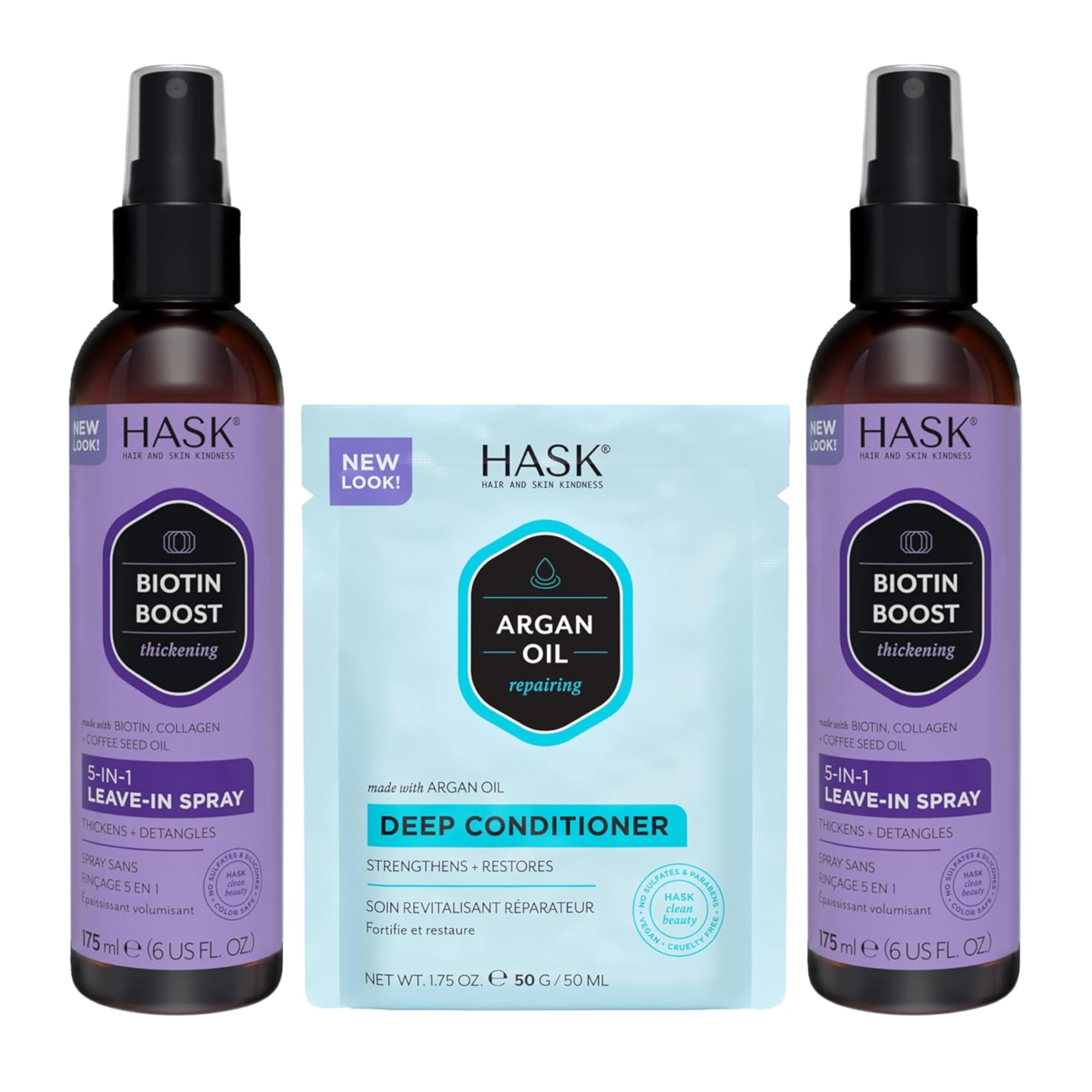 HASK Biotin Thicken 5-in-1 Leave-In bottle highlights lightweight conditioning for smooth, detangled hair.