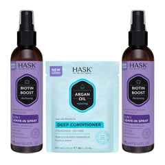 HASK Biotin Thicken 5-in-1 Leave-In bottle highlights lightweight conditioning for smooth, detangled hair.