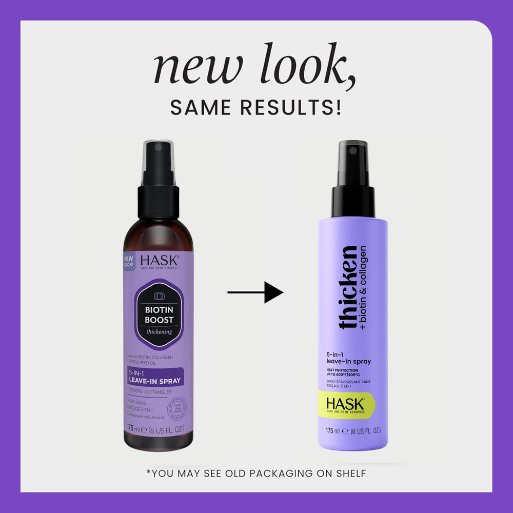 HASK Biotin Thicken 5-in-1 Leave-In spray demonstrates easy application for frizz control.