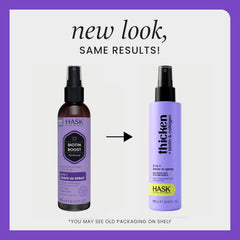 HASK Biotin Thicken 5-in-1 Leave-In spray demonstrates easy application for frizz control.