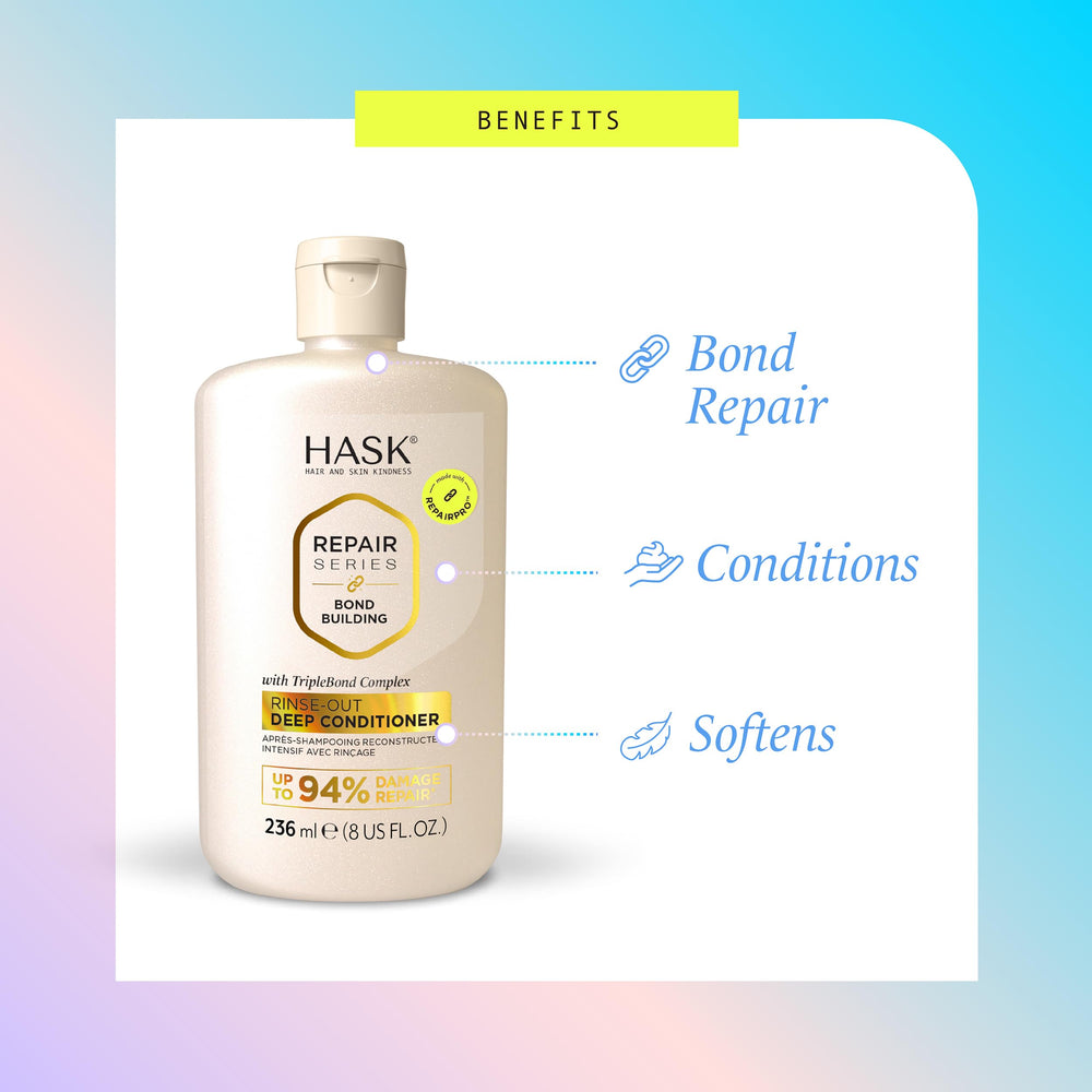 Creamy conditioning texture shown on damp hair during application.