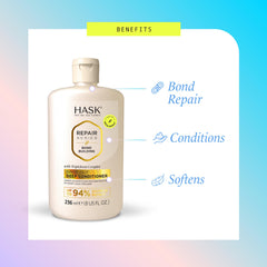 Creamy conditioning texture shown on damp hair during application.