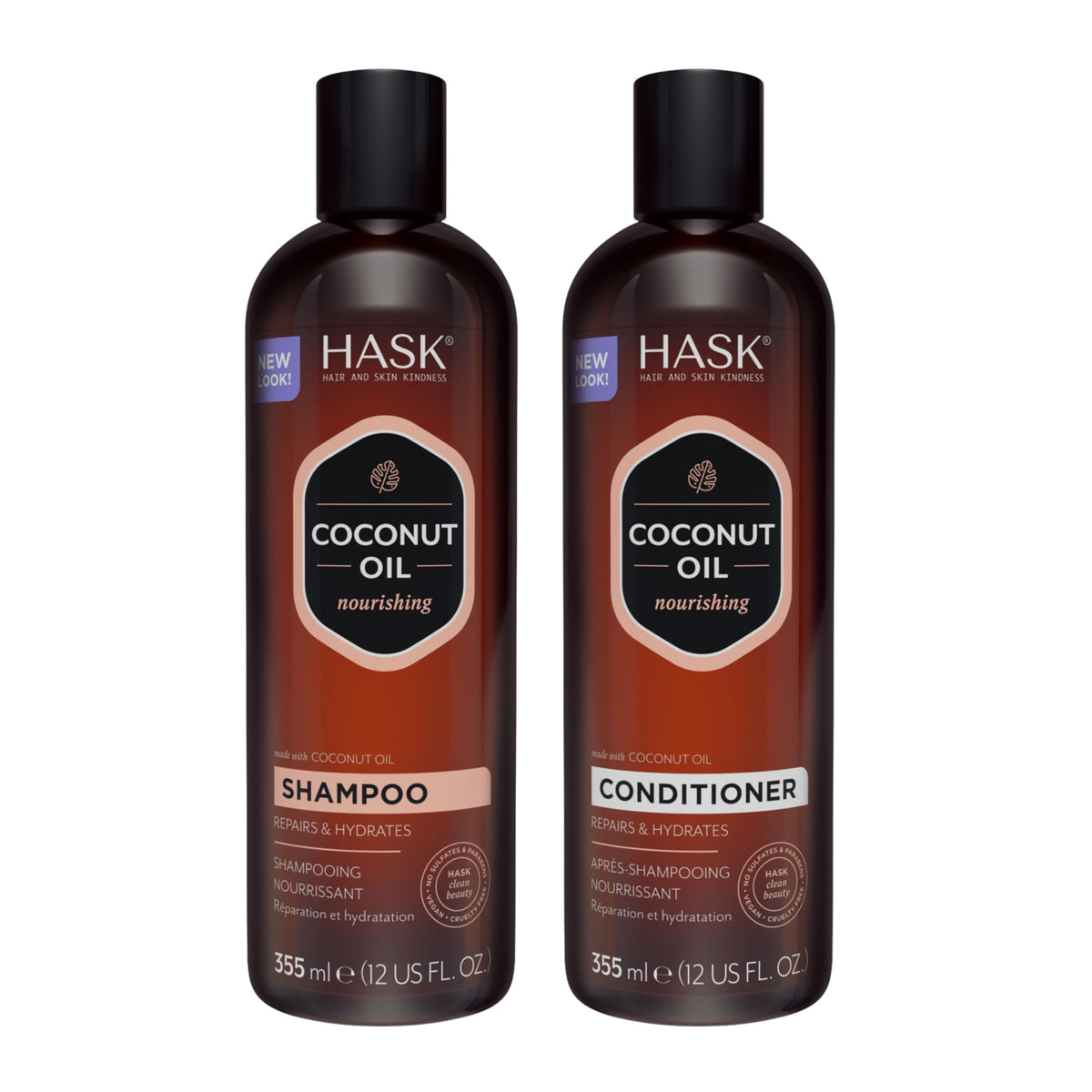 Champú HASK coco nutritivo en botella, limpieza suave para uso diario.