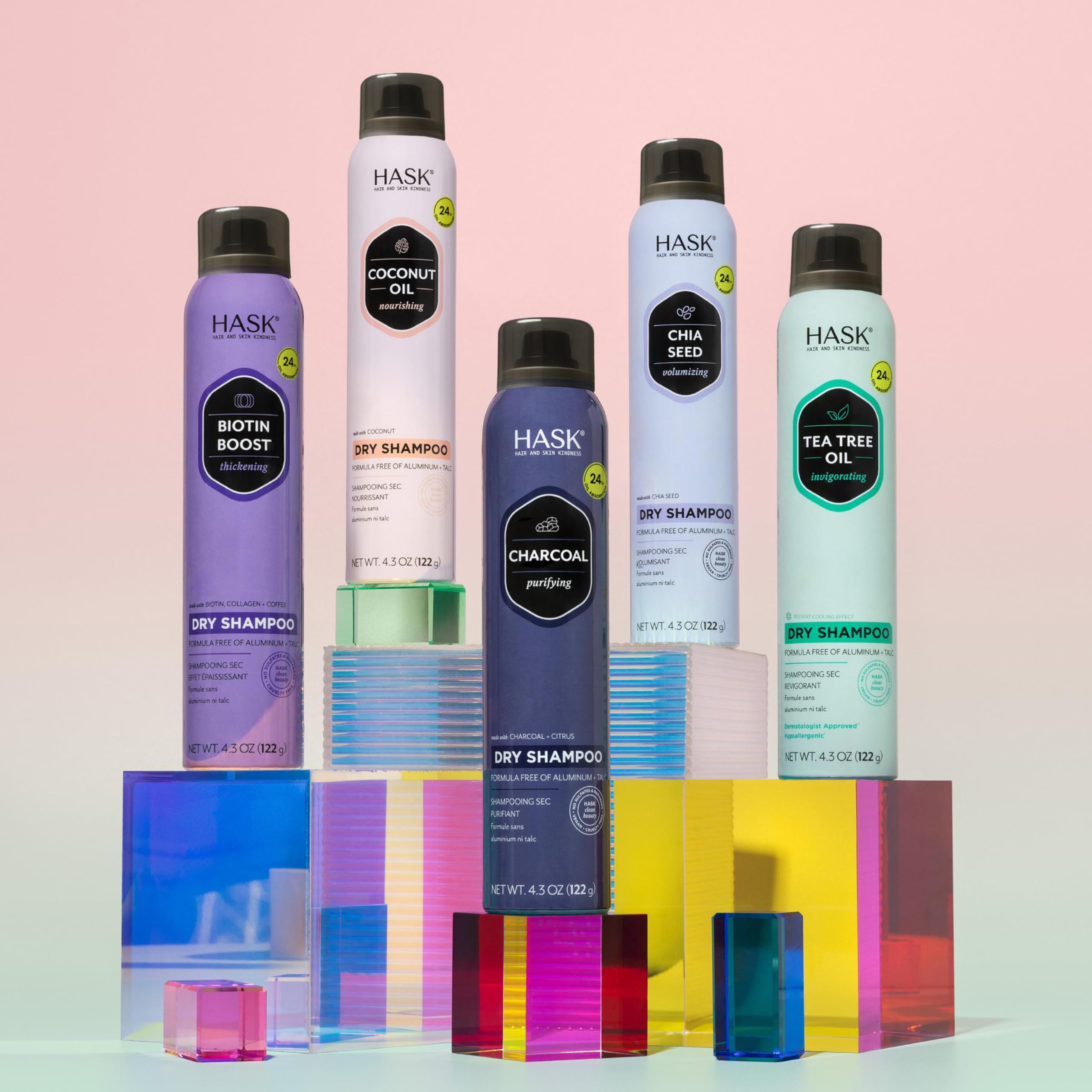 HASK chia-seed dry shampoo cruelty-free label signals ethical, vegan formula.