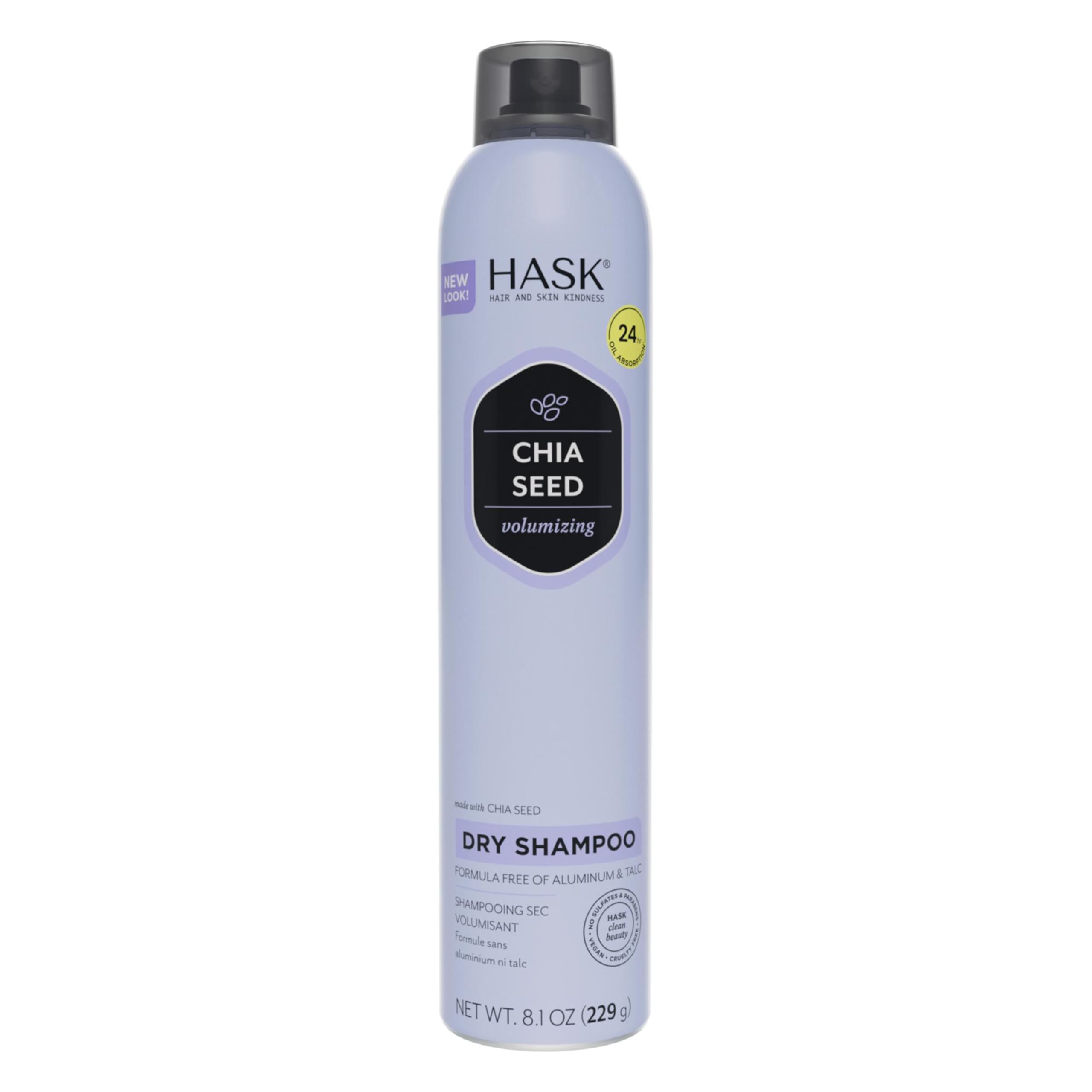 HASK chia-seed volumizing dry shampoo bottle boosts lift and absorbs oil for refreshed roots.