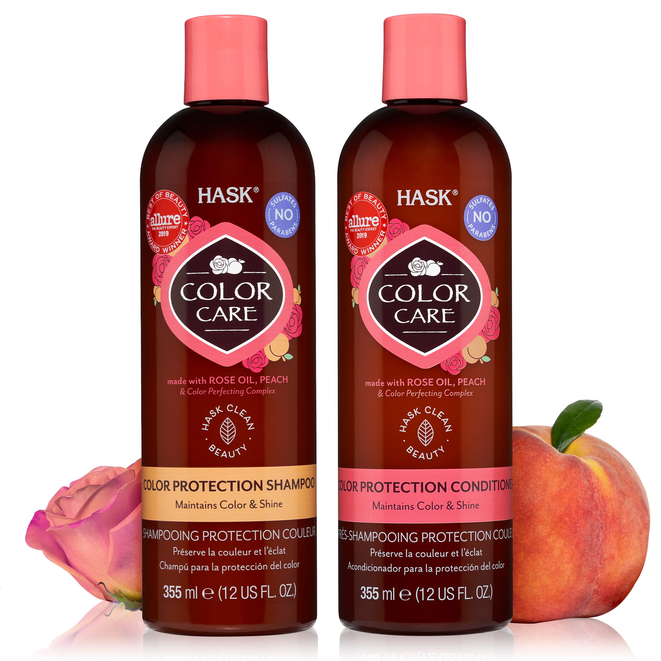 Champú HASK para color: botella elegante protege el cabello teñido.