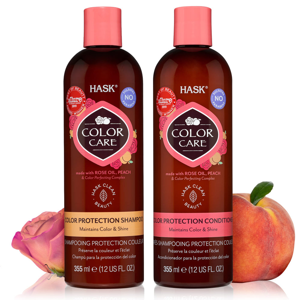 Champú HASK para color: botella elegante protege el cabello teñido.
