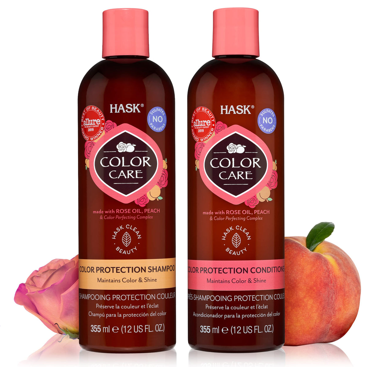 Champú HASK para color: botella elegante protege el cabello teñido.
