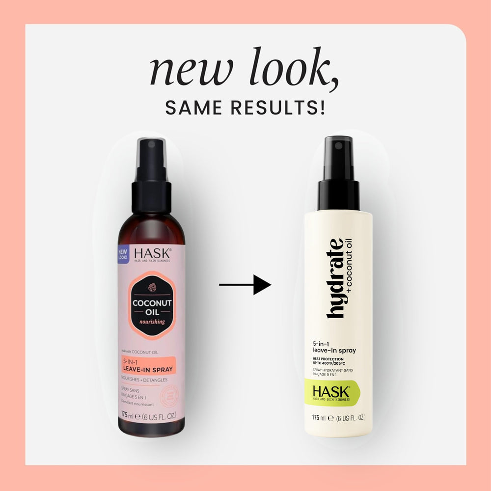 HASK coconut leave-in spray being dispensed on wet hair for easy combing.