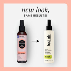 HASK coconut leave-in spray being dispensed on wet hair for easy combing.