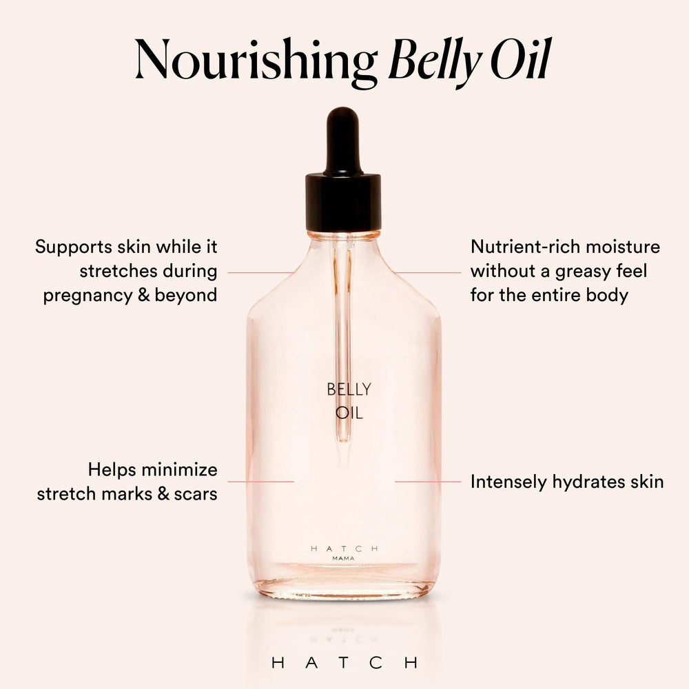 HATCH Belly Oil applying on belly, soothing hydration during pregnancy.