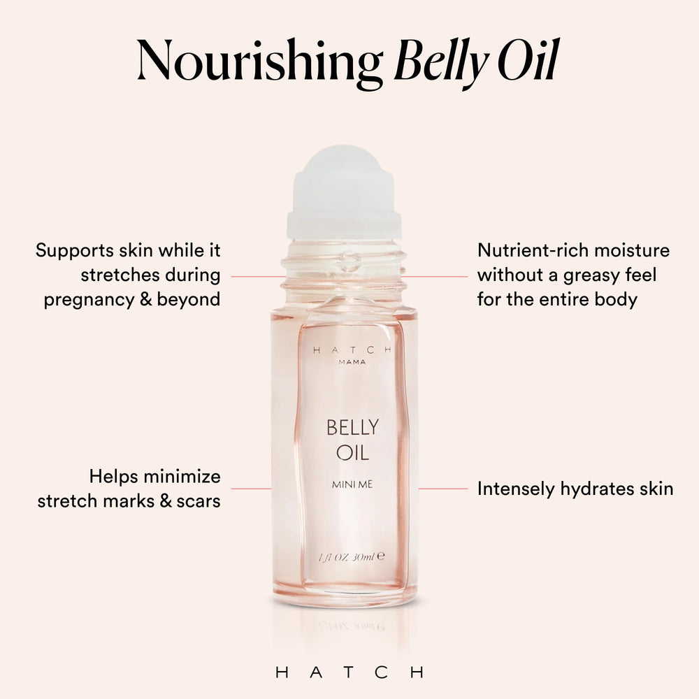 HATCH Belly Oil being massaged into the belly for gentle stretch support