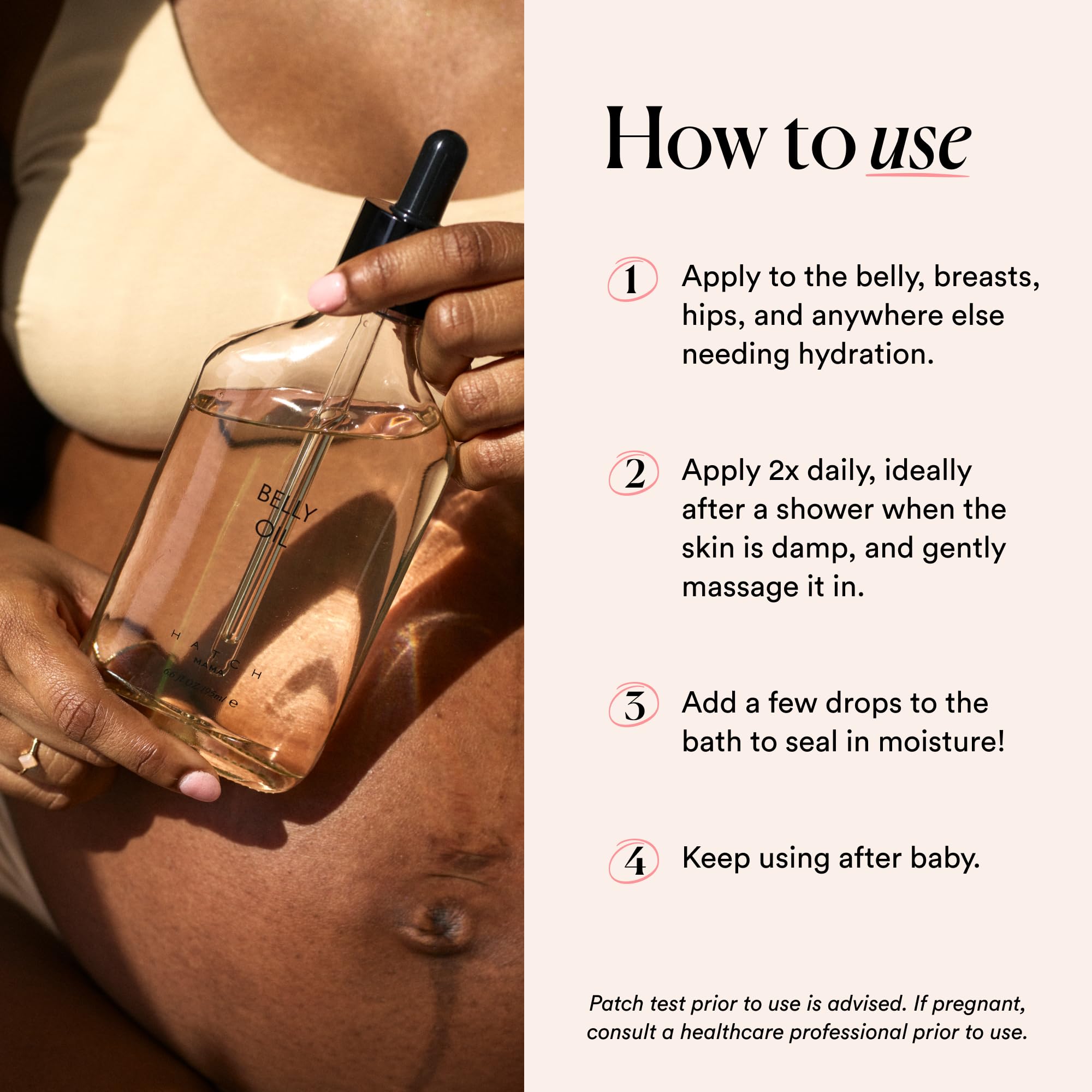 HATCH Belly Oil packaging showing clean botanical vegan skincare.