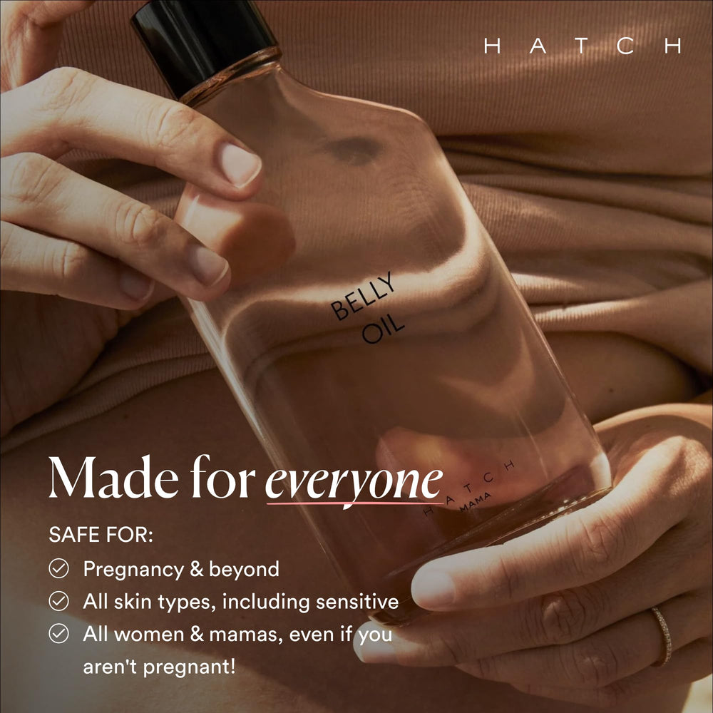HATCH Belly Oil vegan gluten-free badge signals plant-based skin nourishment.