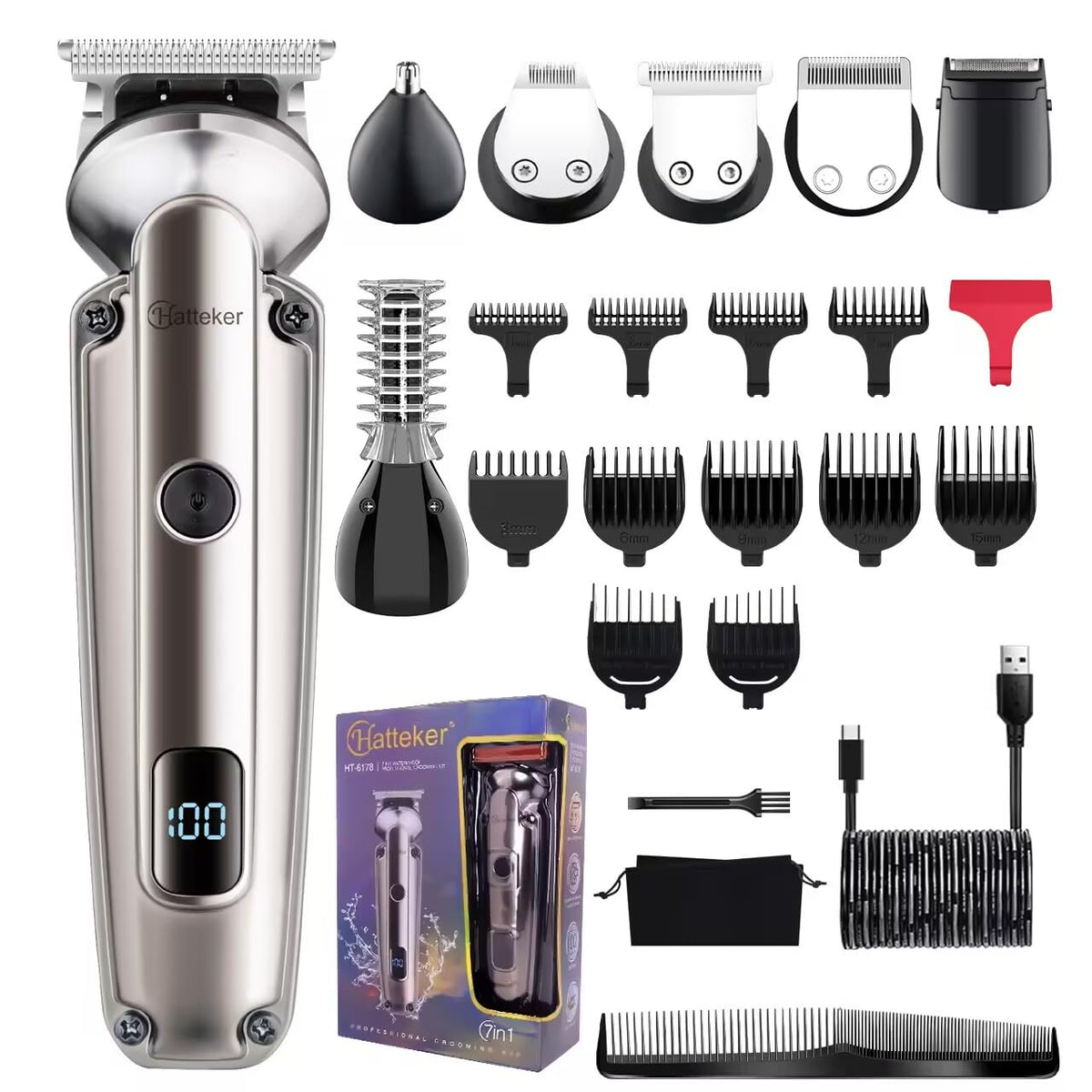 Hatteker 7-in-1 grooming kit with LED display for precise beard trimming