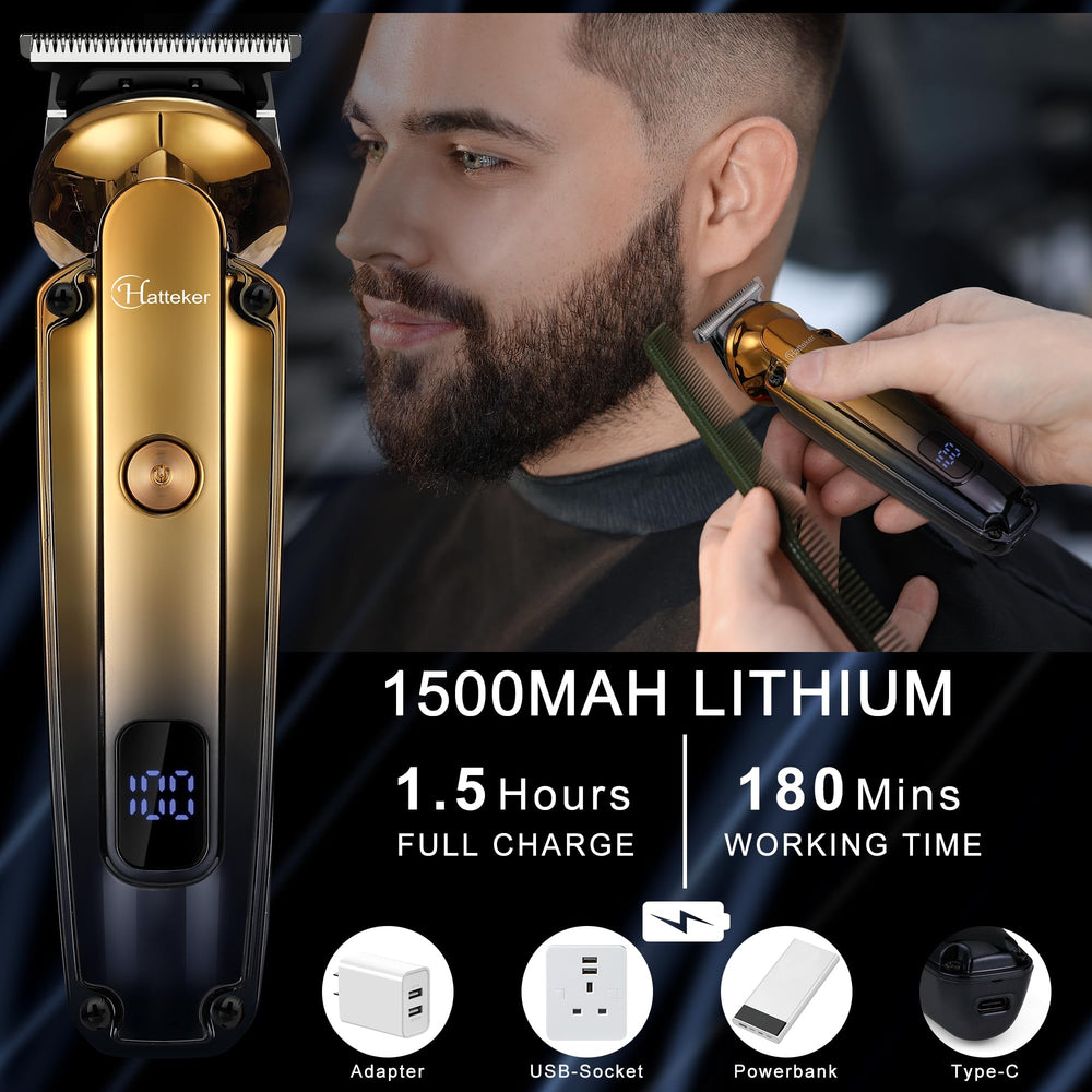 Hatteker trimmer with LED display showing battery status.